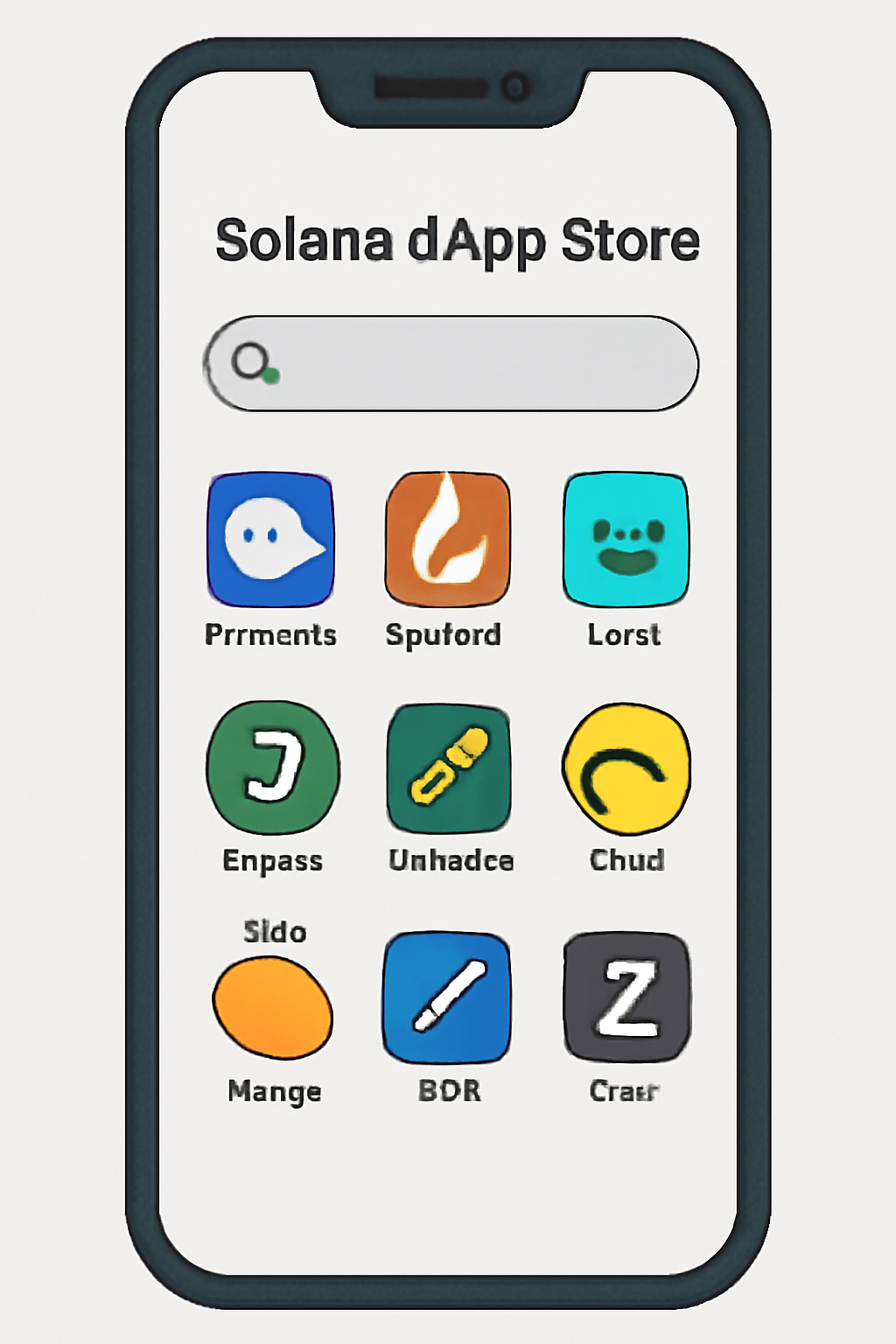 A smartphone displaying the Solana dApp Store interface with various wallet and DeFi app icons.