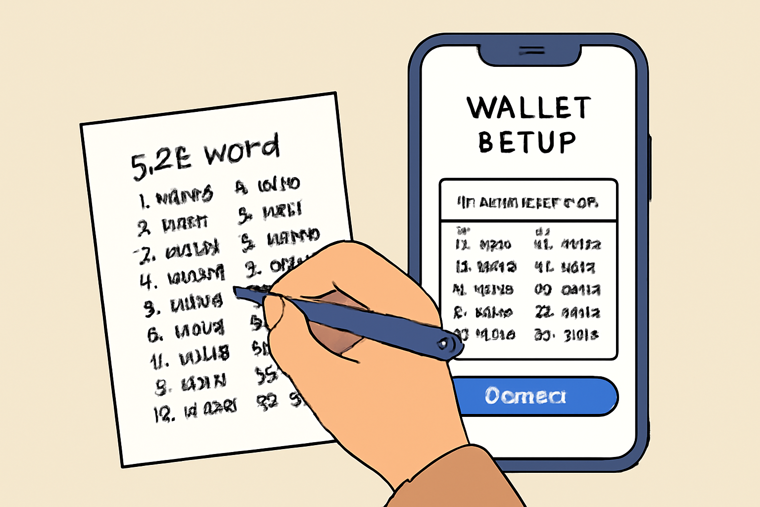A hand writing a 24-word seed phrase on paper, next to a smartphone displaying a wallet setup screen.