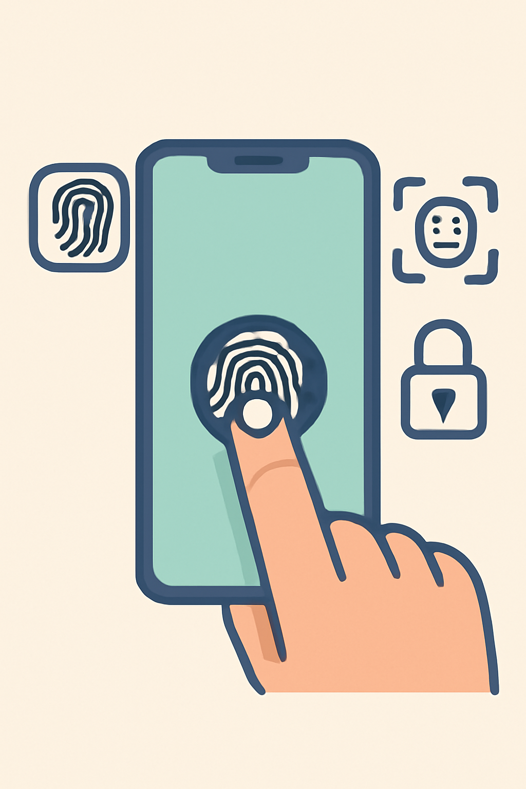 A close-up of a finger touching a fingerprint sensor on a smartphone with biometric icons.