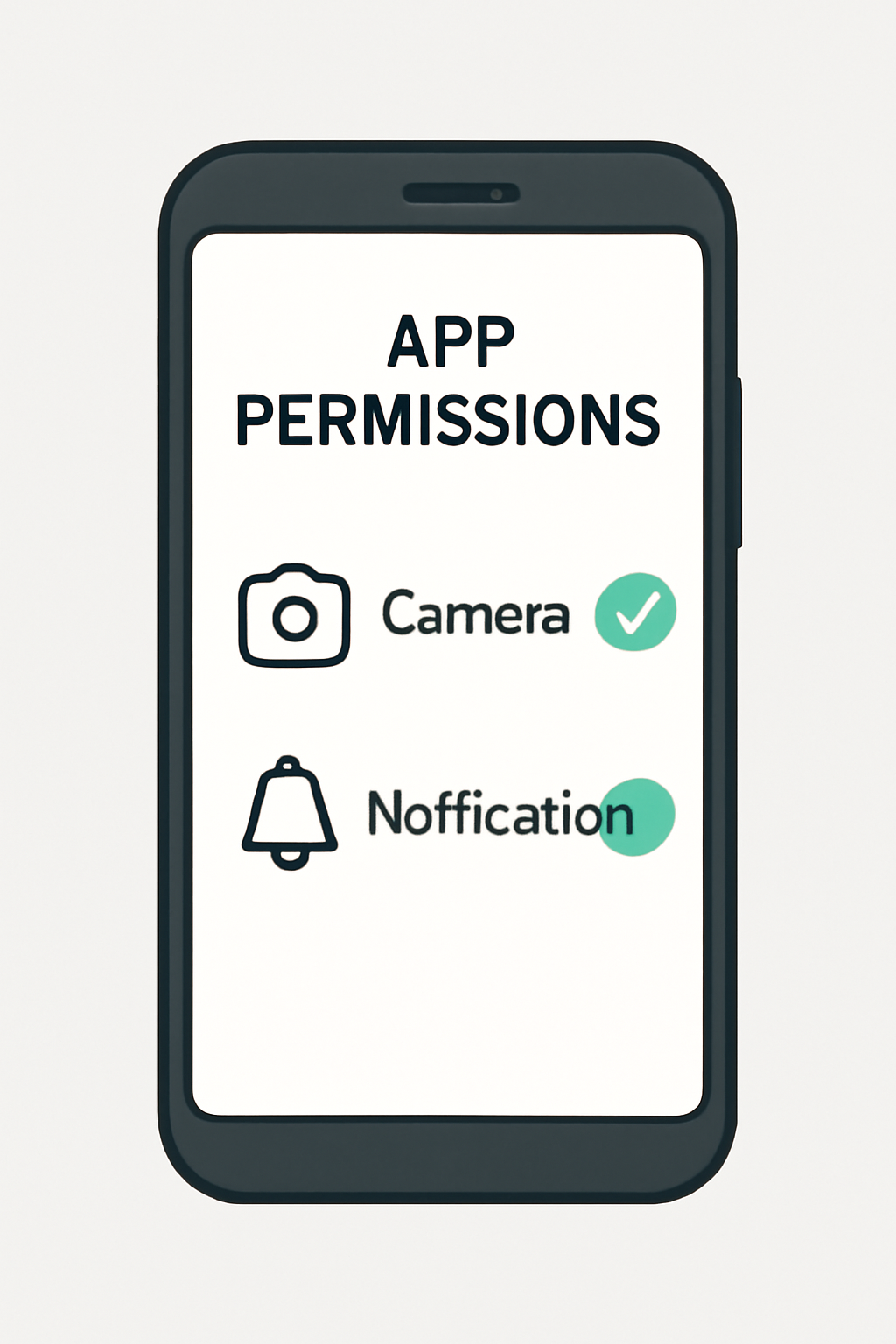 A smartphone displaying app permission requests with checkmarks for camera and notifications.