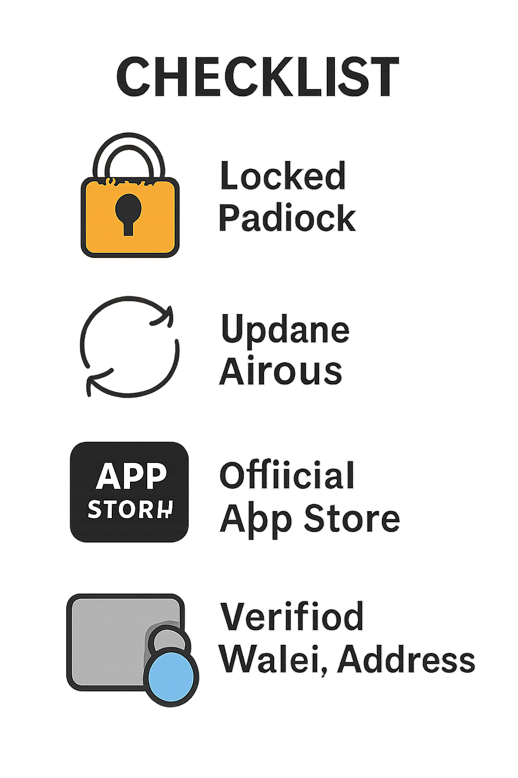A checklist with security icons: locked padlock, update arrows, official app store badge, and a verified wallet address.