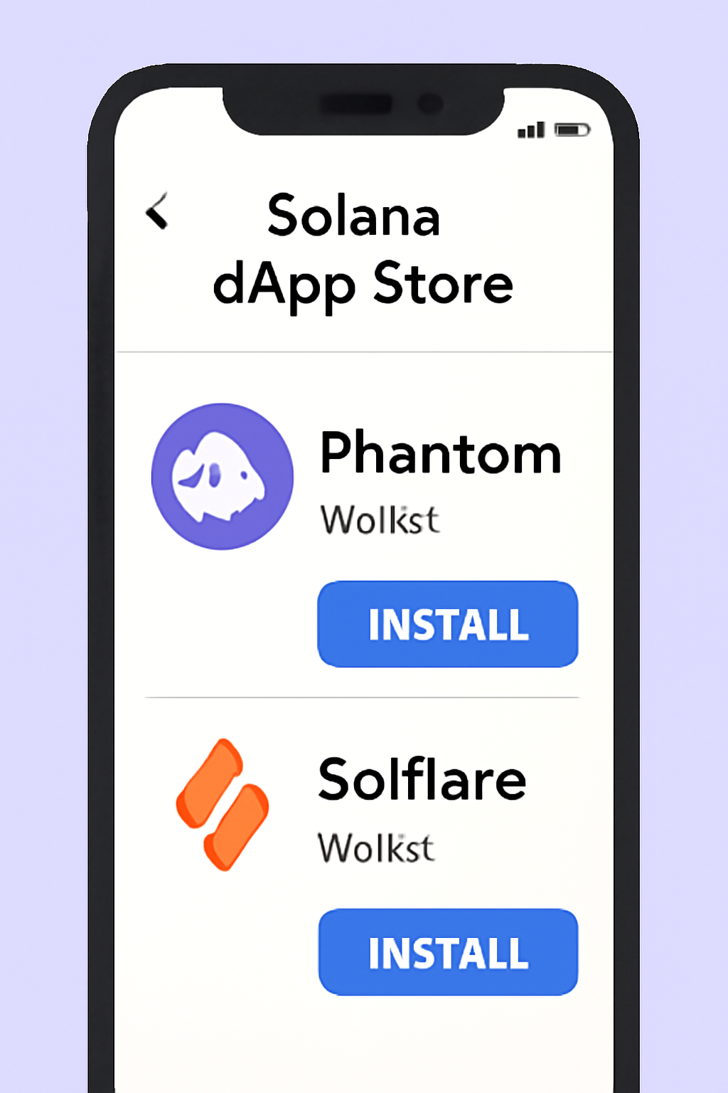 A smartphone screen showing the Phantom and Solflare wallet apps in the Solana dApp Store, ready to install.
