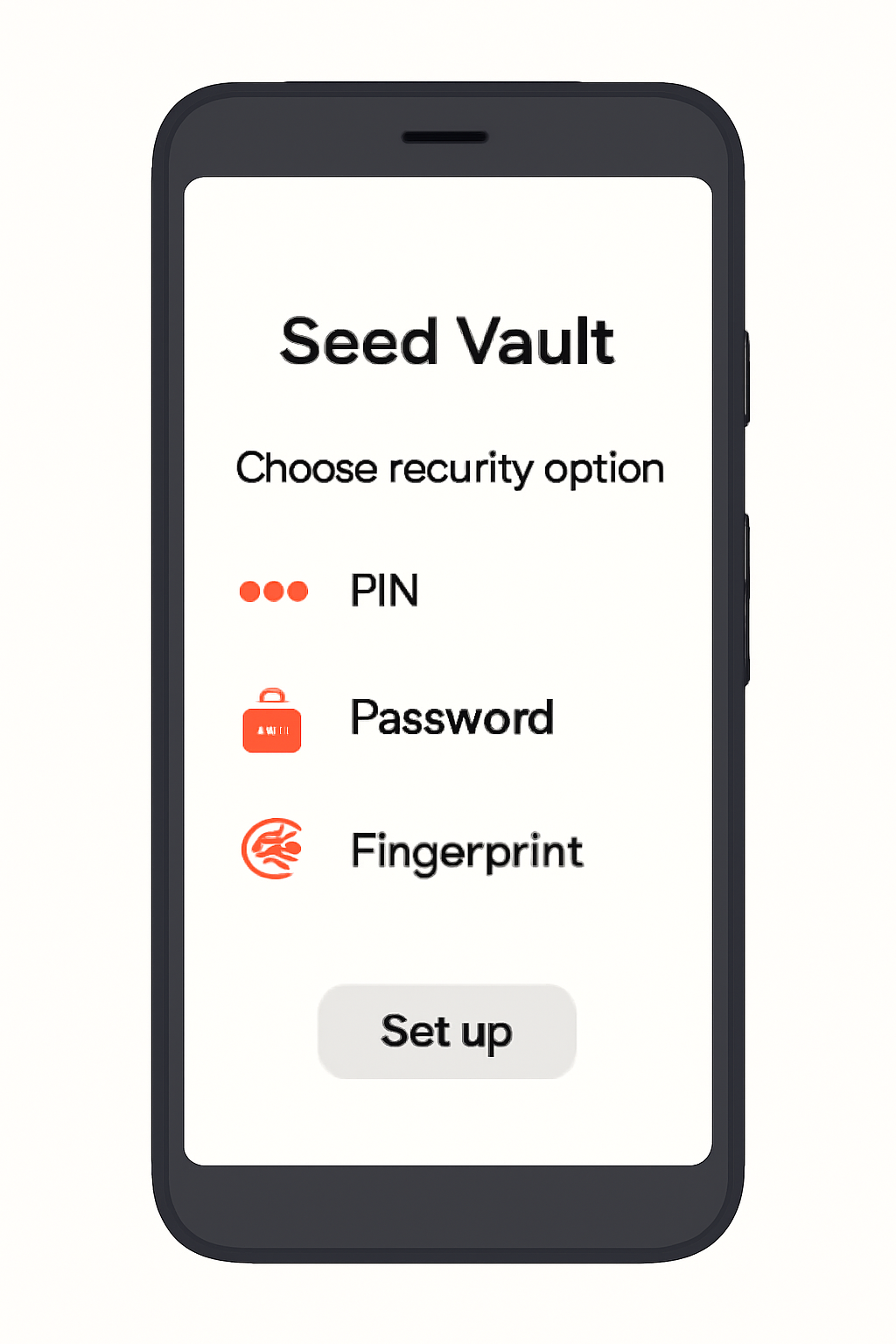 A smartphone displaying security options (PIN, password, fingerprint) and the Seed Vault setup screen.