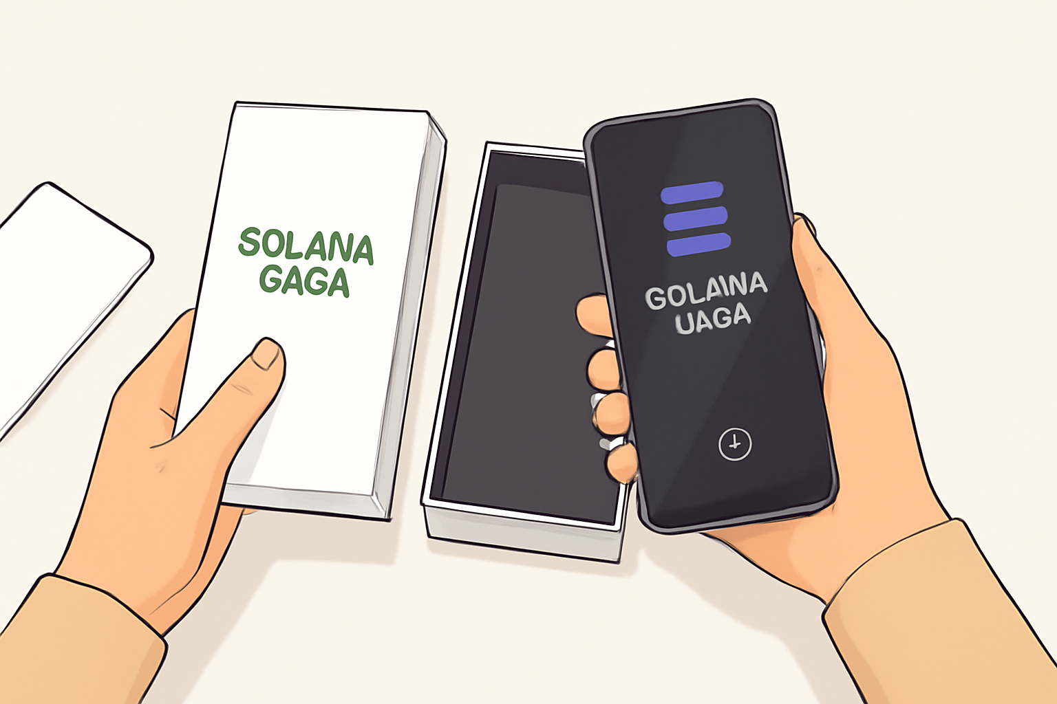 A person unboxing a sleek, modern smartphone labeled 'Solana Saga' and powering it on in a clean, well-lit environment.