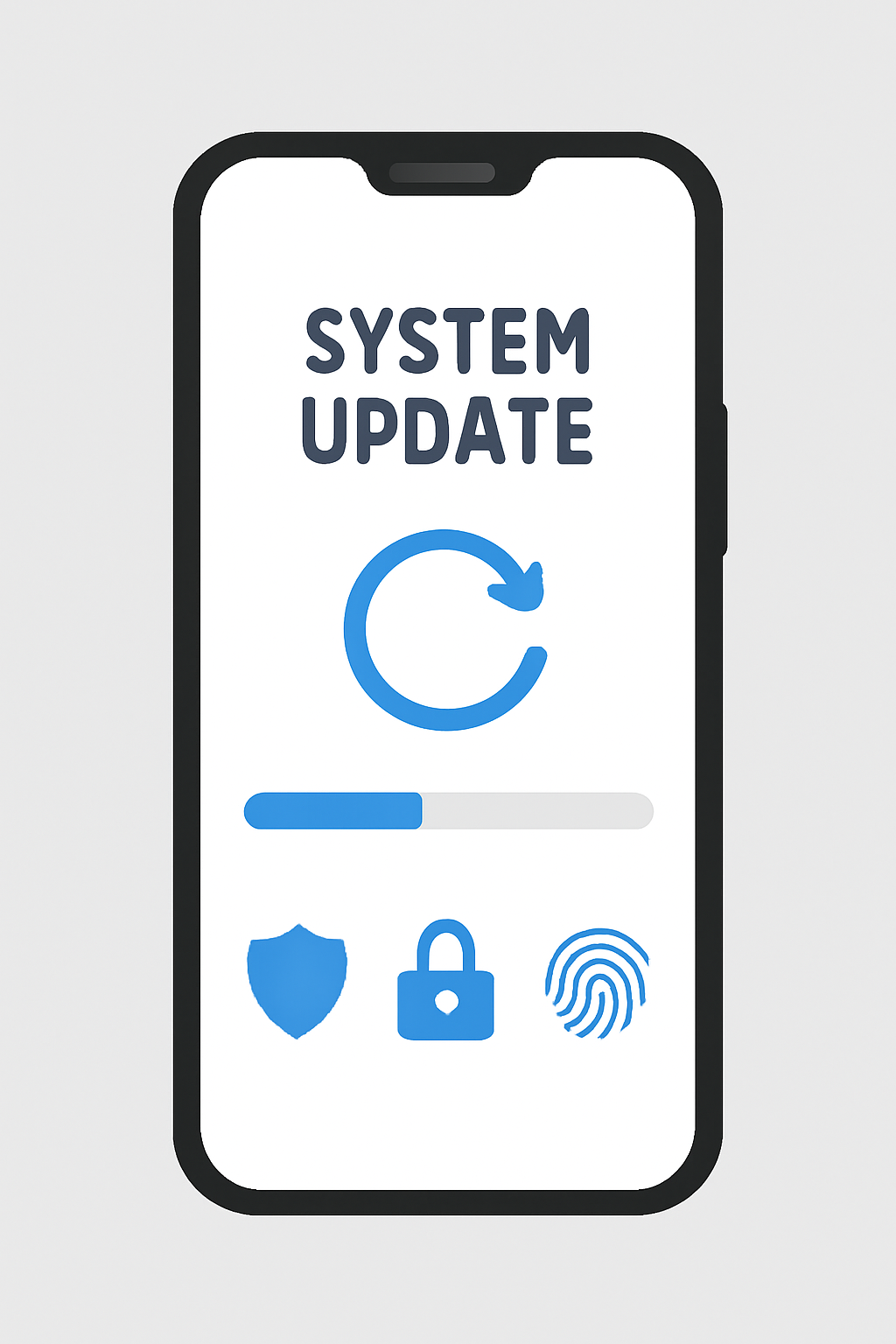 A smartphone screen showing a system update in progress with a progress bar and security icons.