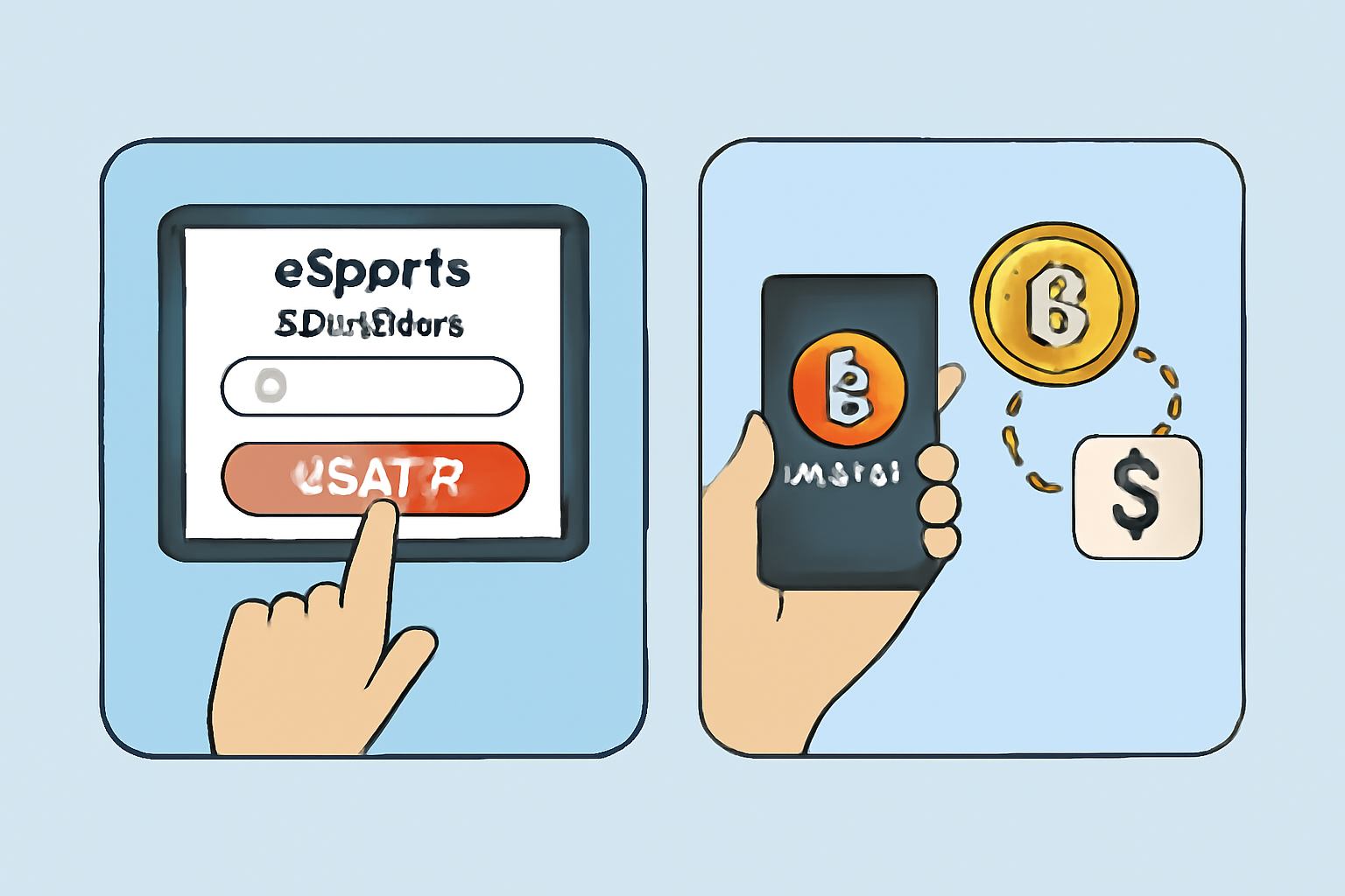 A user registering on an esports betting website, then transferring Bitcoin from their wallet to the platform.