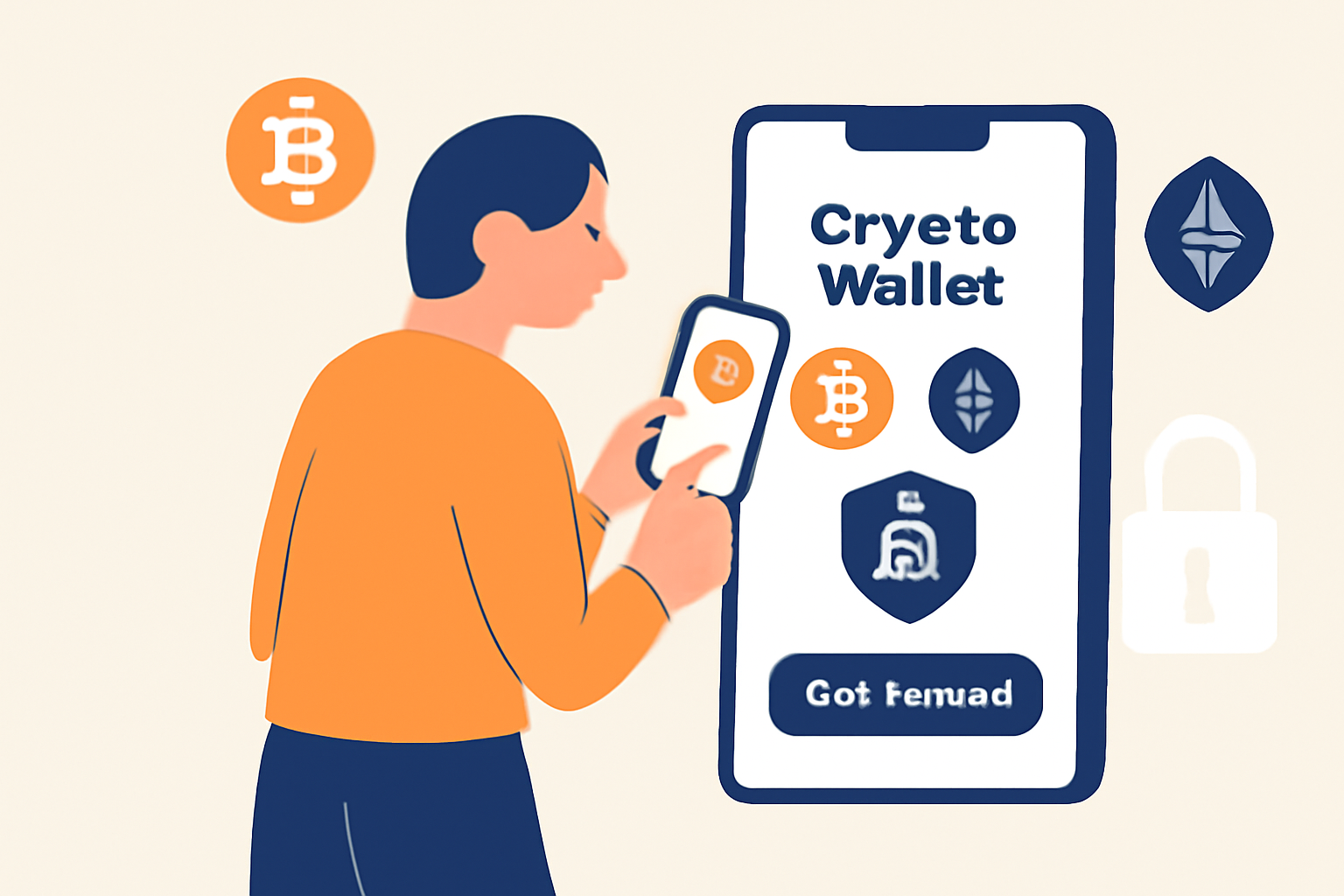 A person setting up a digital crypto wallet on their phone, with Bitcoin and Ethereum logos visible, emphasizing security and privacy.