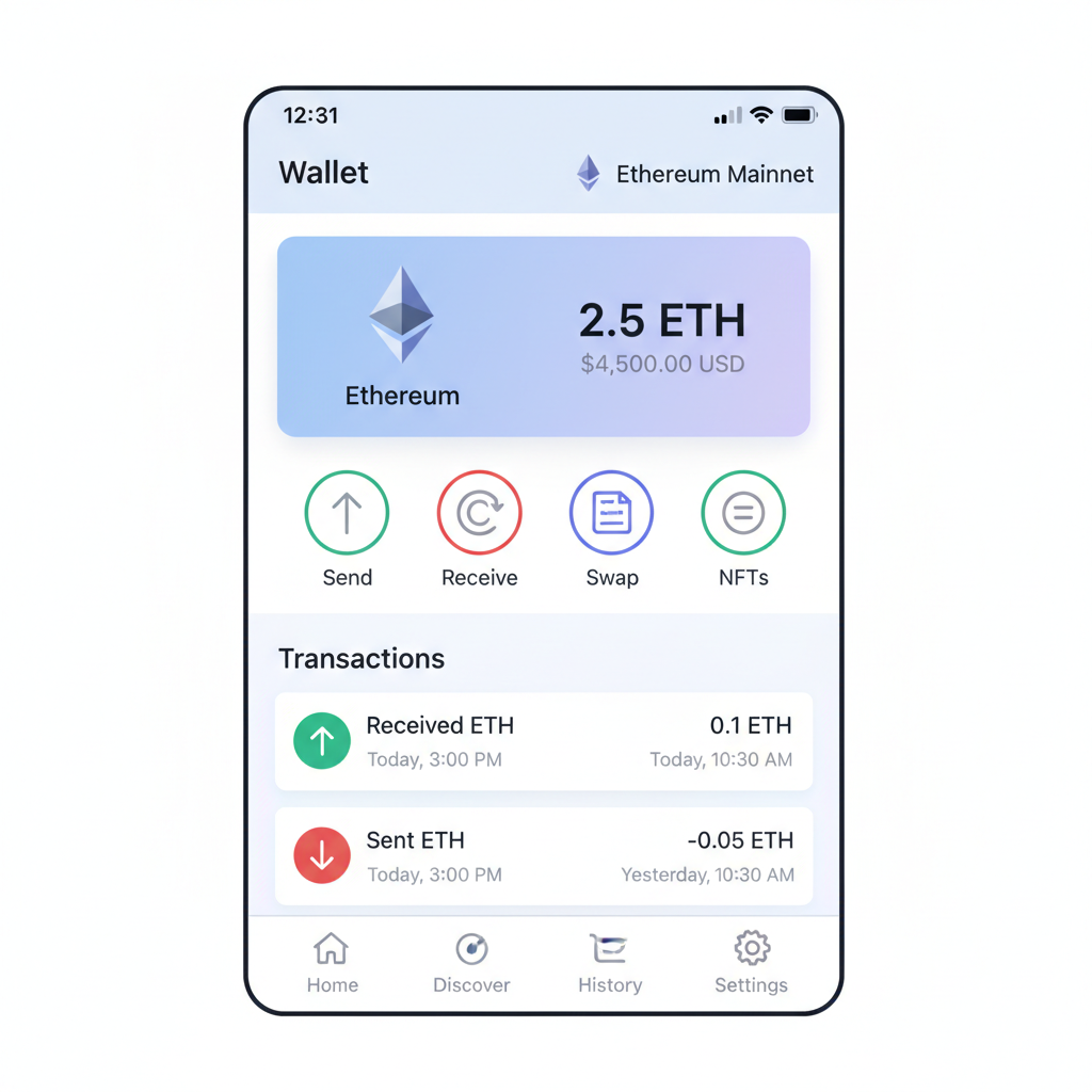 clean screenshot of Coinbase Wallet app on Ethereum Mainnet showing ETH balance, mobile interface, professional UI