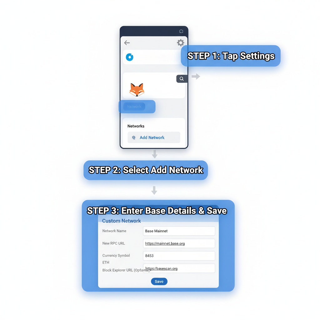 MetaMask or Coinbase Wallet adding custom network screen with Base details filled, step-by-step UI highlight
