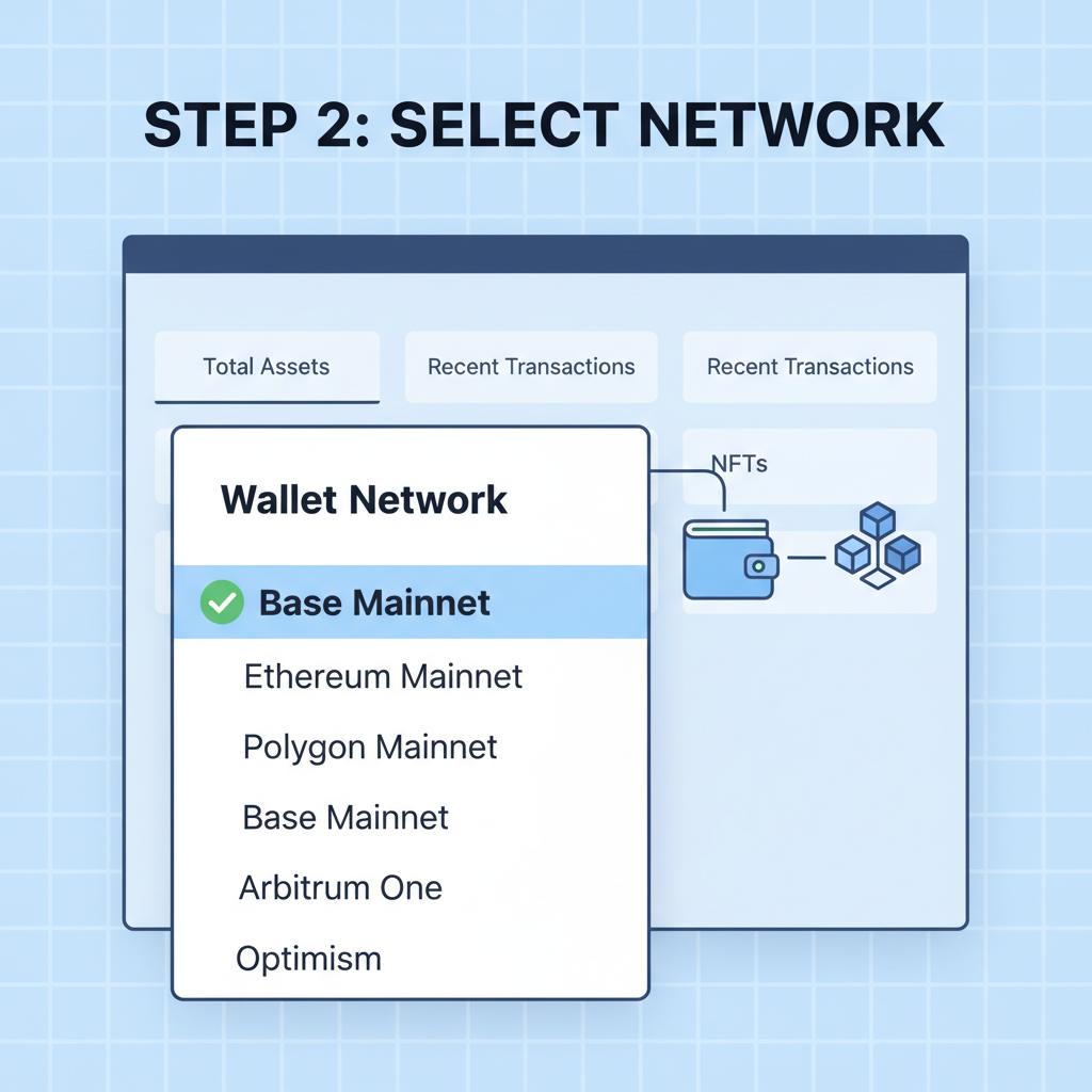 wallet network selector dropdown highlighting Base Mainnet selected, green checkmark, simple dashboard