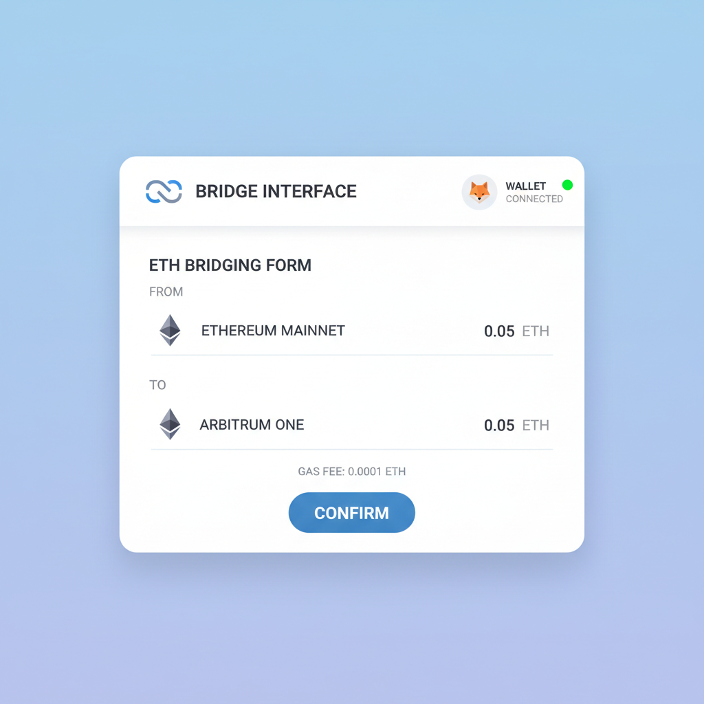 Base bridge interface with wallet connected, ETH bridging form filled with small amount, confirm button