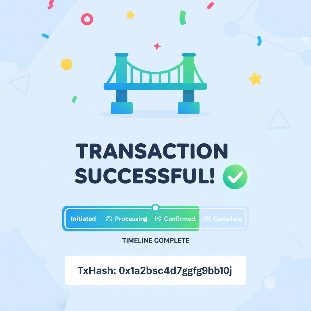 Base bridge success screen with transaction hash, timeline progress bar complete, confetti animation
