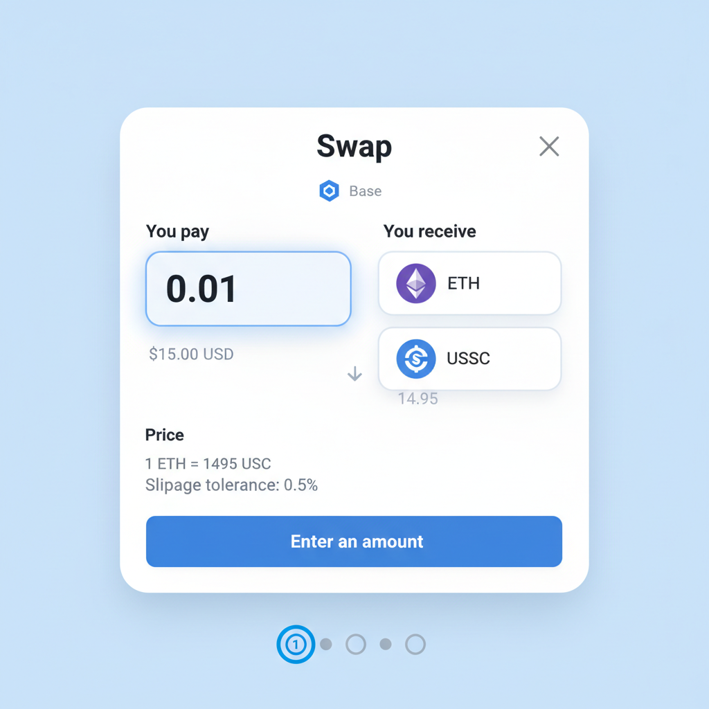 Uniswap V3 token swap selection screen on Base, ETH to USDC pair, small input amount highlighted, clean modern design