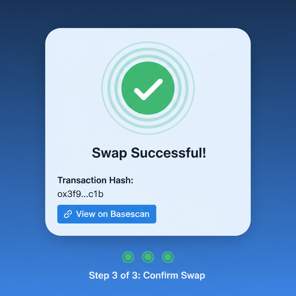 successful Uniswap swap confirmation screen on Base, tx hash visible, Basescan explorer link, green success animation