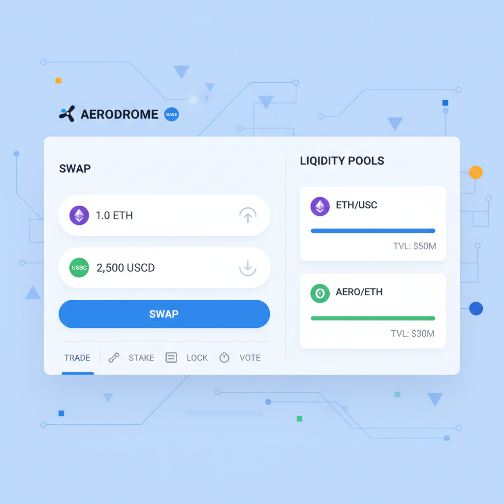 Aerodrome Finance DEX interface on Base blockchain, ETH-USDC swap setup, liquidity pools visible, vibrant professional UI