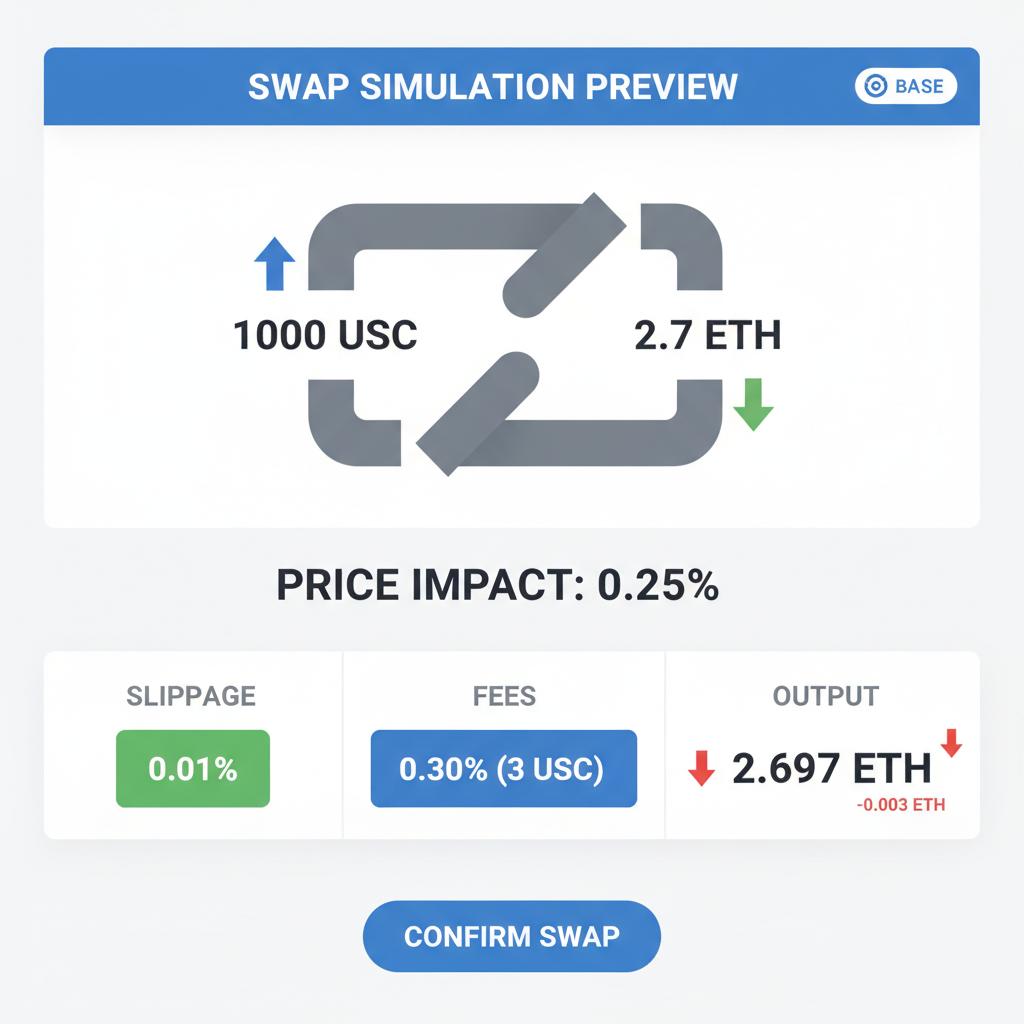 Uniswap V3 detailed swap simulation preview, showing price impact slippage fees output, Base network indicator, precise data visualization