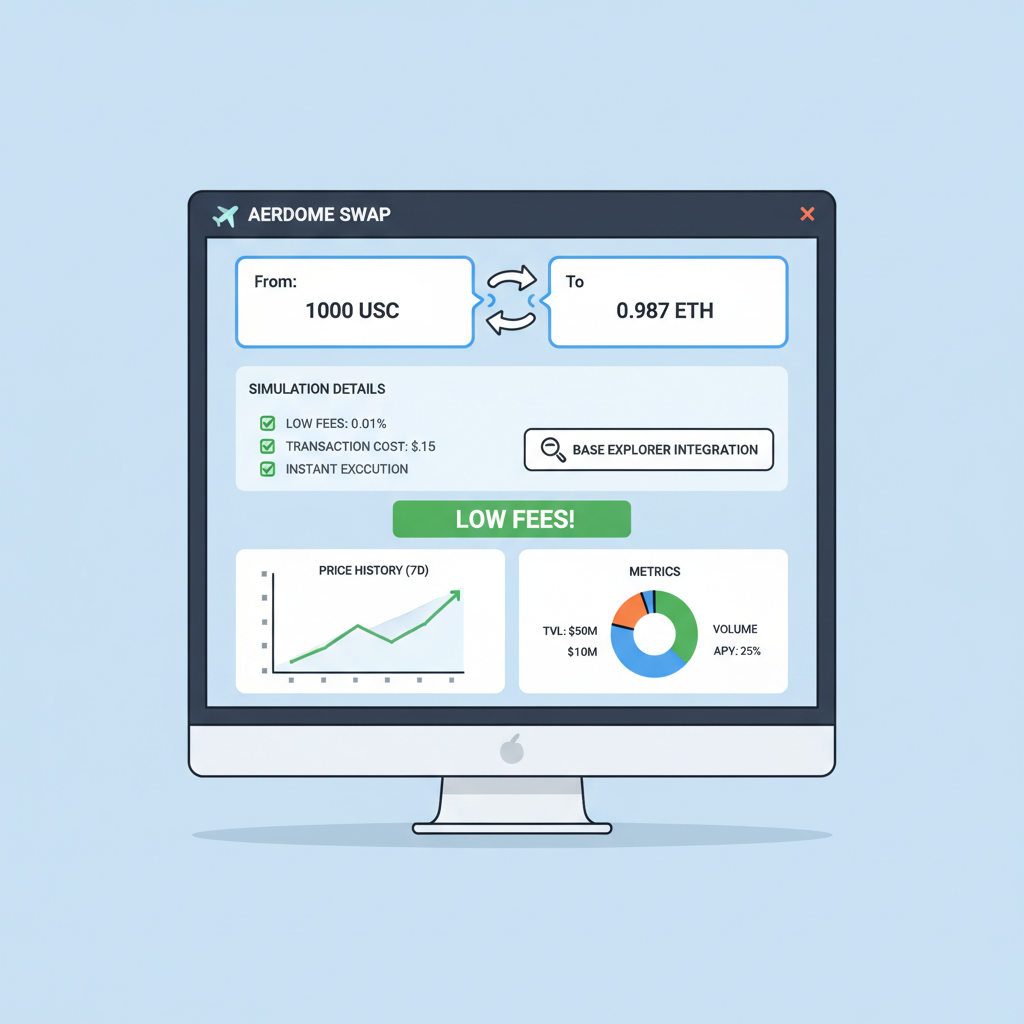 Aerodrome swap preview with simulation details, low fees highlighted, Base explorer integration, insightful charts and metrics