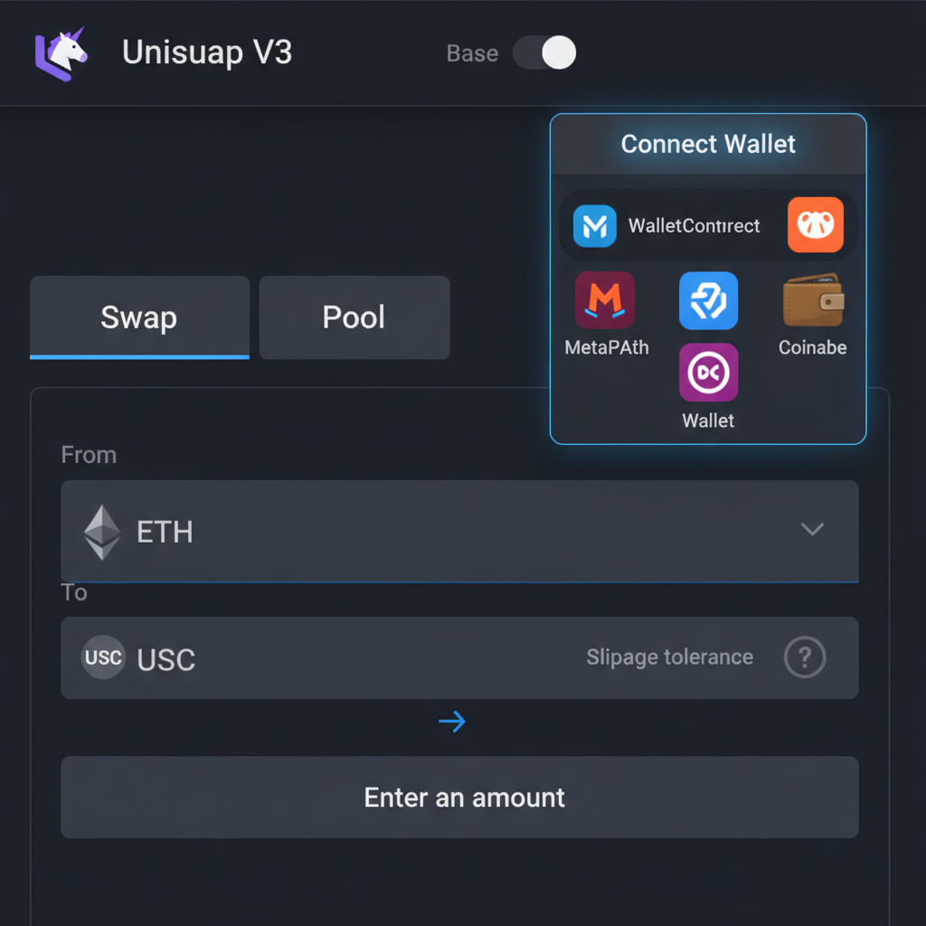 sleek Uniswap V3 interface on Base network, wallet connection prompt, dark mode UI, professional crypto DEX screenshot