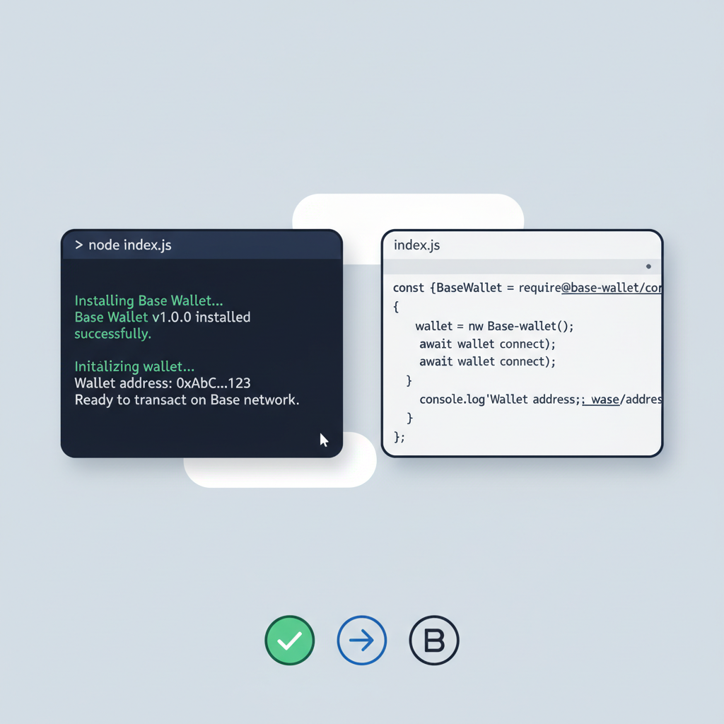 Node.js terminal with Base wallet setup, clean code editor background