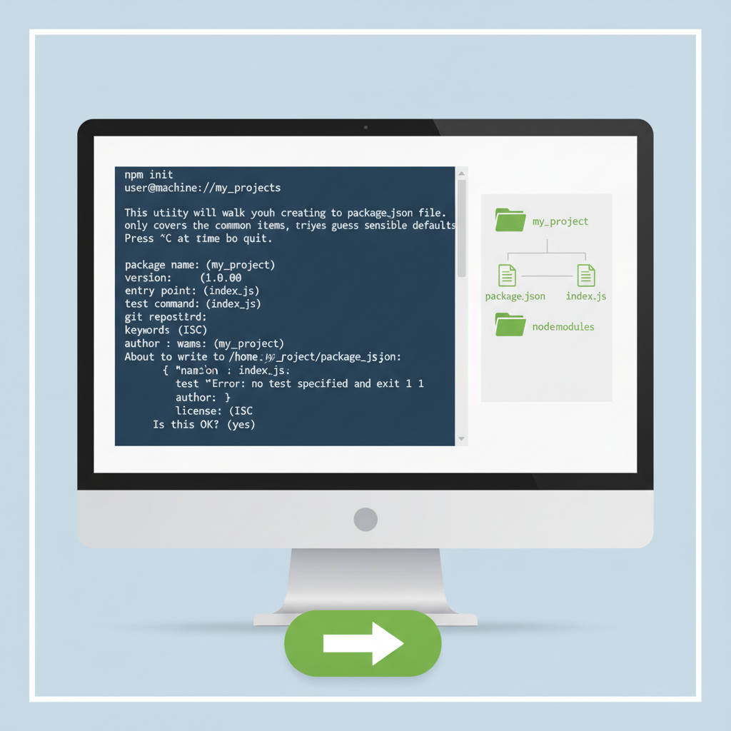 Command line initializing npm project, folder structure visible