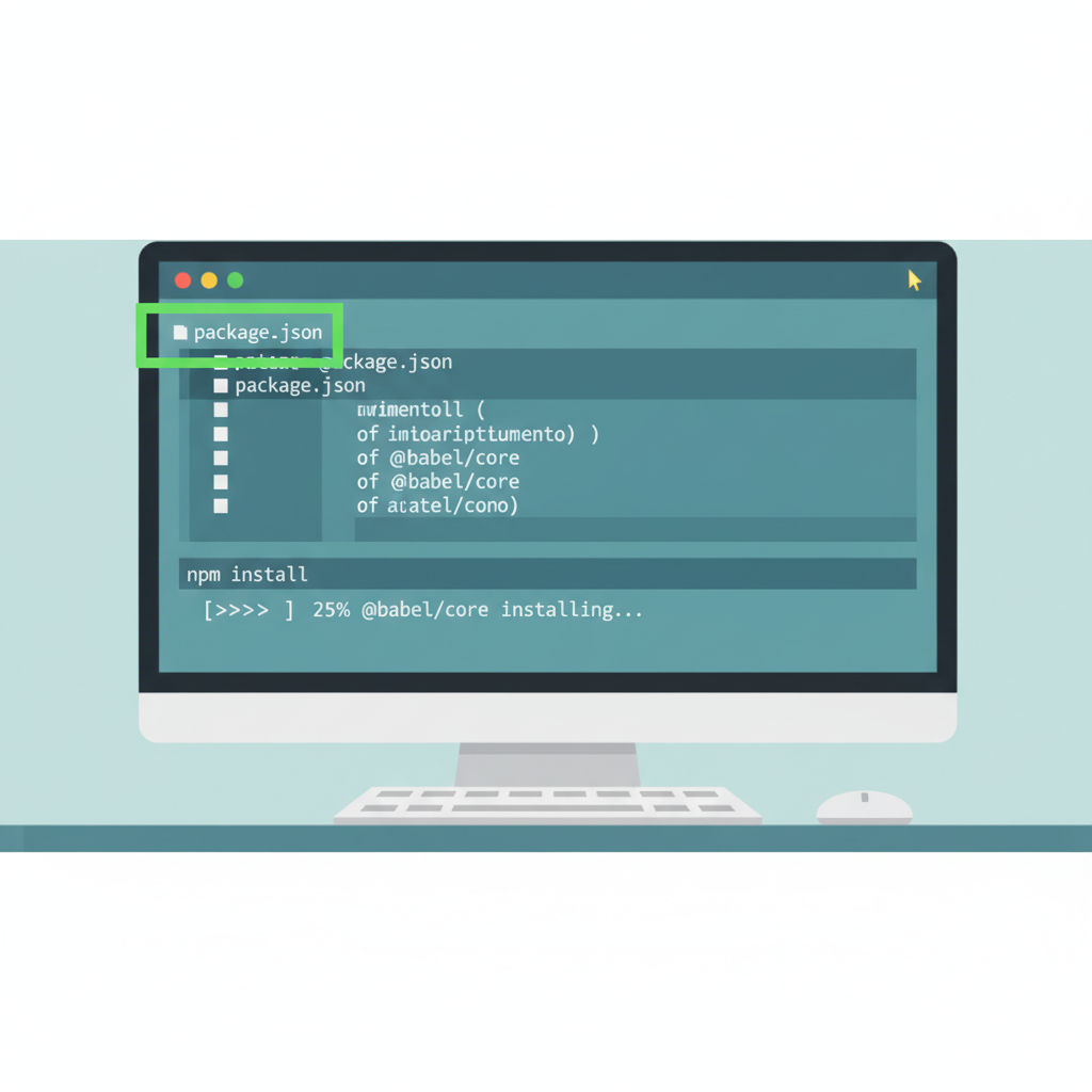 Terminal installing npm packages, package.json highlighted