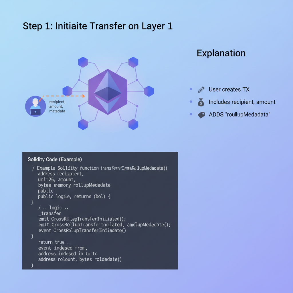 code snippet for ethereum token transfer tx with cross-rollup metadata, glowing blockchain nodes