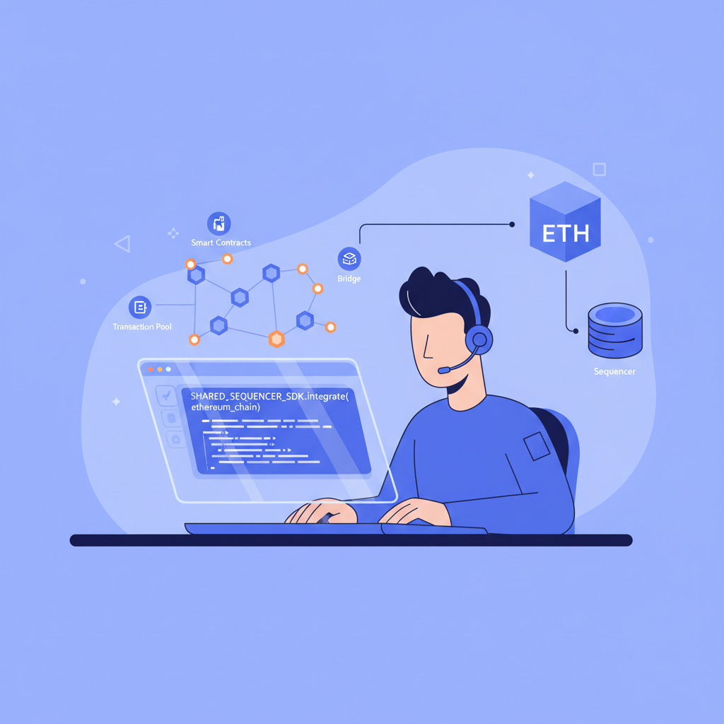 ethereum developer integrating shared sequencer sdk code on laptop, futuristic blockchain ui