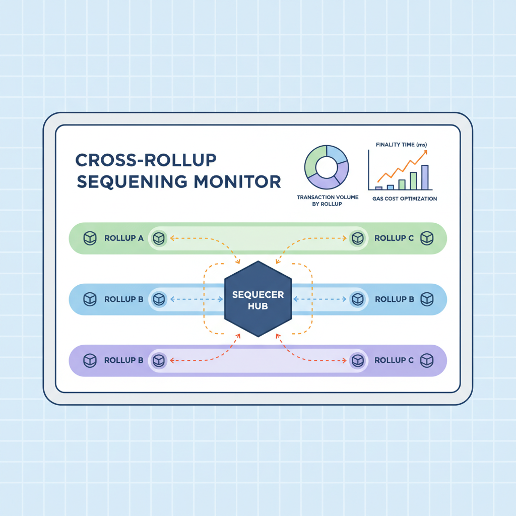 monitoring dashboard for cross-rollup sequencing, graphs and blockchain lanes connecting rollups