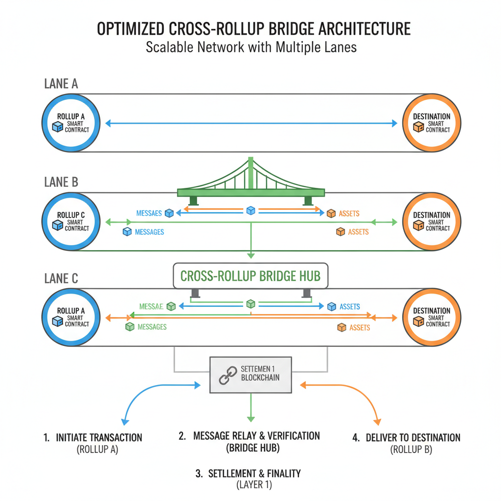 optimized cross-rollup bridge architecture diagram, scalable network with multiple lanes