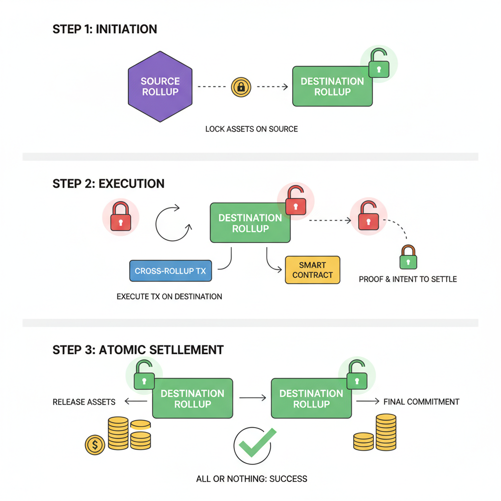 destination rollup executing cross-rollup tx, atomic settlement visualization with locks