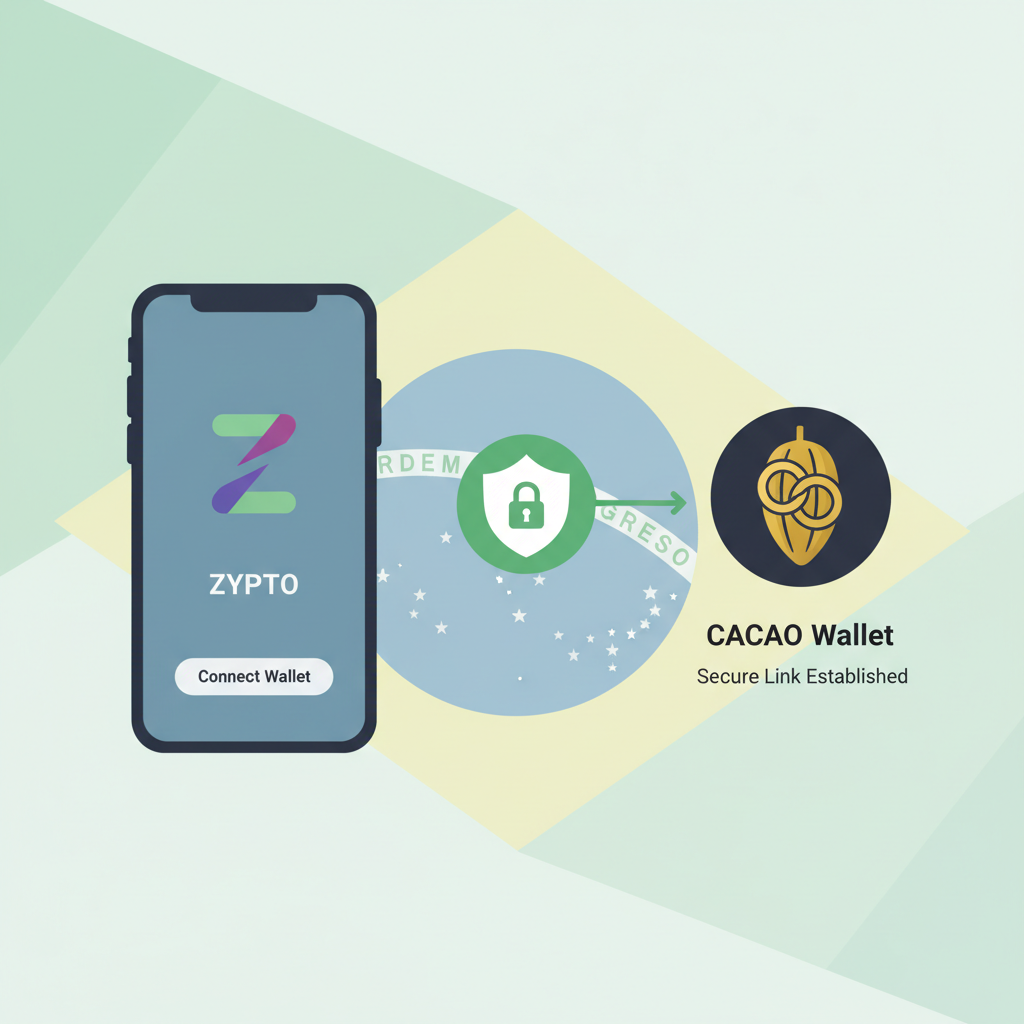 mobile app connection to crypto wallet, Zypto or Cacao interface, secure link icon, Brazil flag subtle background