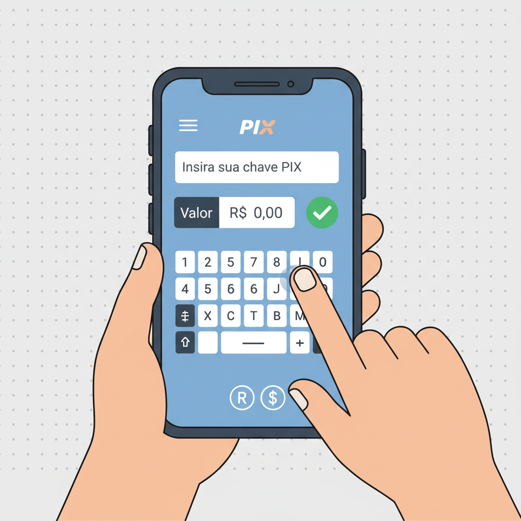 entering PIX key in mobile app, keyboard input, verification check, Brazilian real currency icons