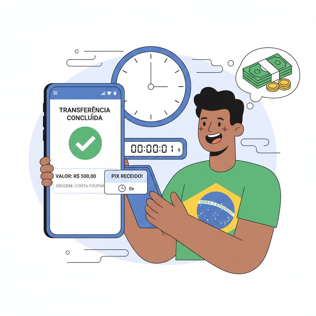instant money transfer success, BRL arriving in bank app, clock showing seconds, happy user in Brazil