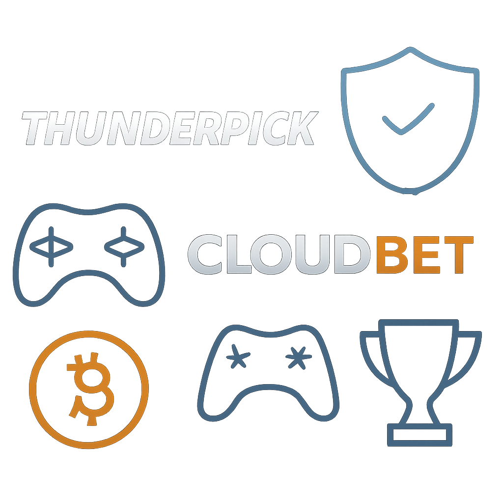 A sleek digital interface showing Thunderpick and Cloudbet logos, a security shield, and esports icons like game controllers and trophies. Modern, tech-focused, with a Bitcoin symbol.