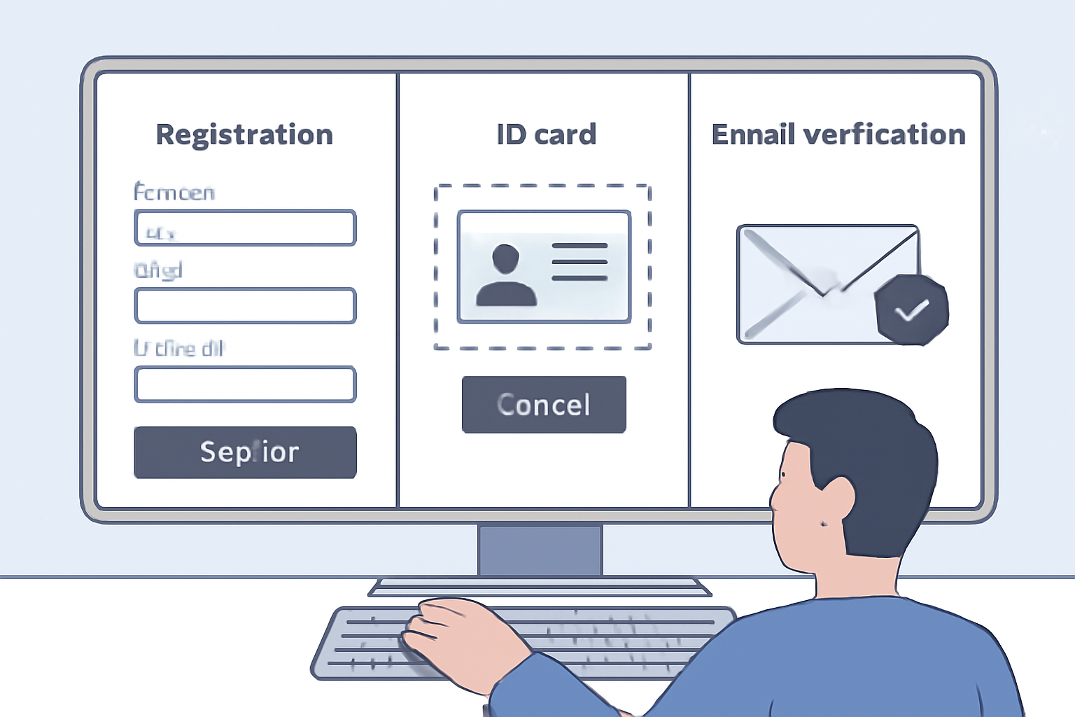 A user filling out an online registration form, uploading an ID card, and checking email verification on a computer screen. Clean, user-friendly design, with a padlock and checkmark icons.