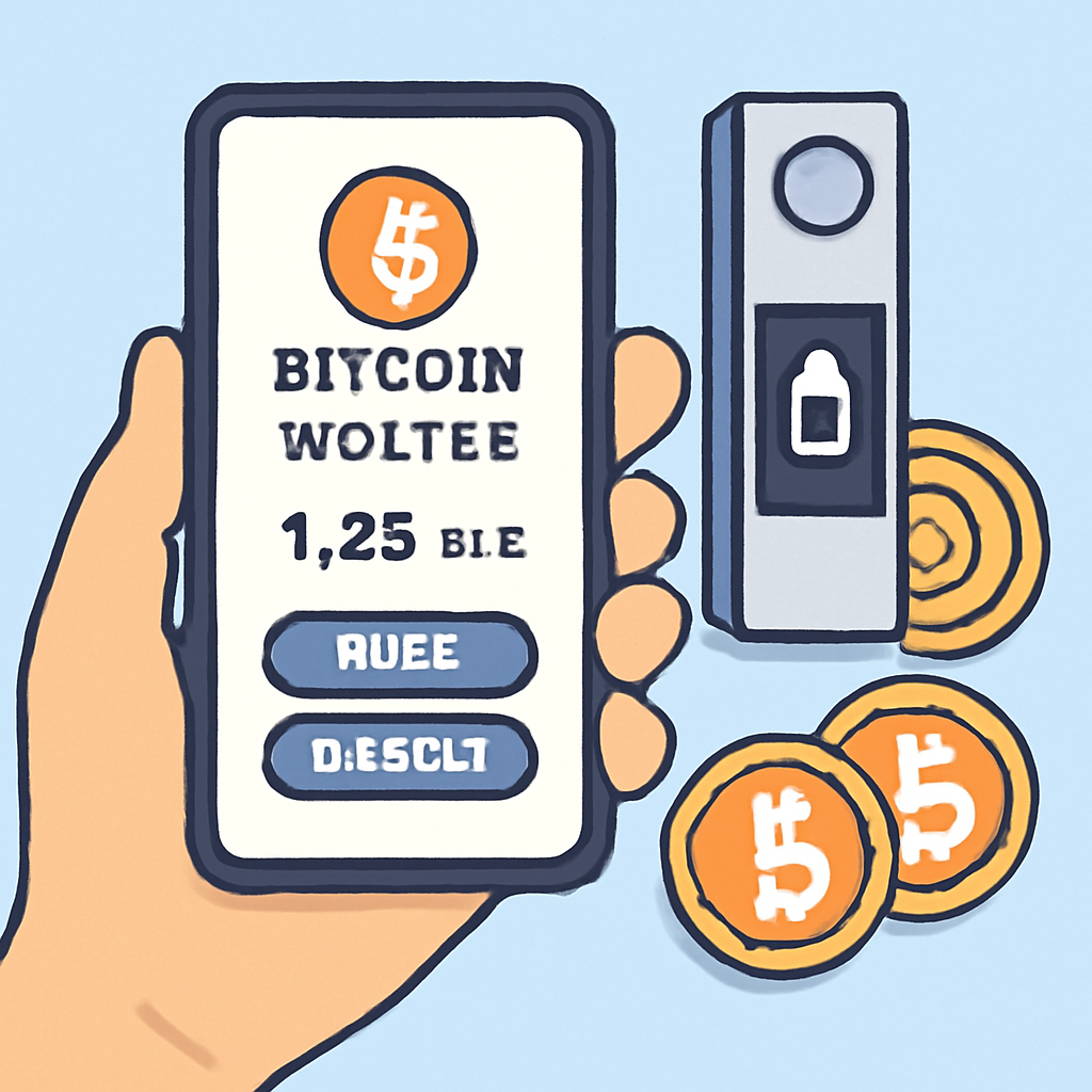 A hand holding a smartphone displaying a Bitcoin wallet app, with a hardware wallet (like Ledger) and Bitcoin coins in the background. Emphasis on security, digital currency, and ease of use.