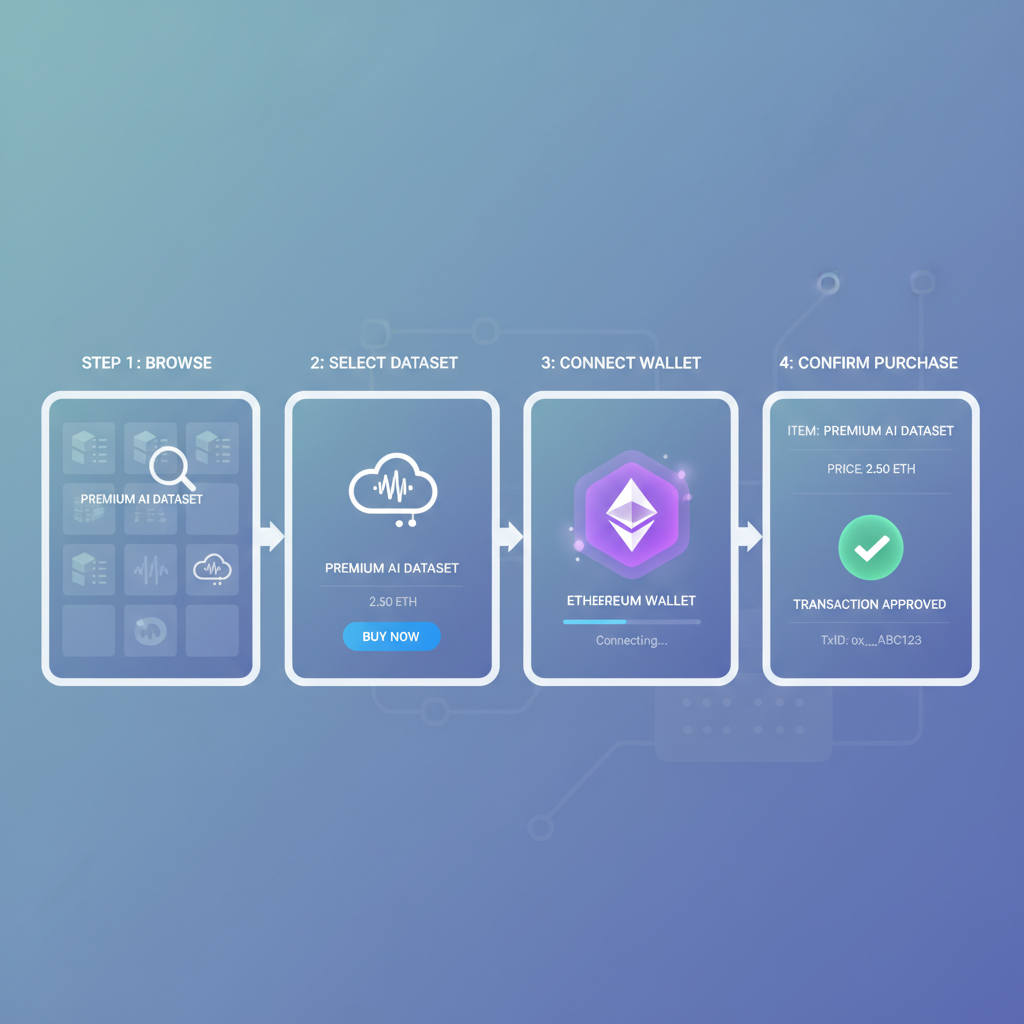 sleek blockchain marketplace UI buying premium AI dataset with ETH wallet glowing
