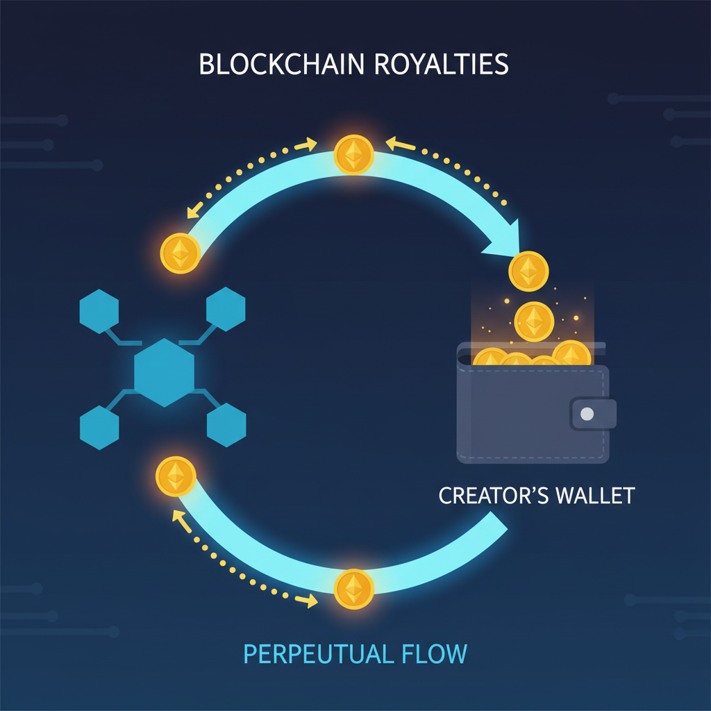 blockchain royalties flowing ETH coins to creators wallet perpetual loop glowing