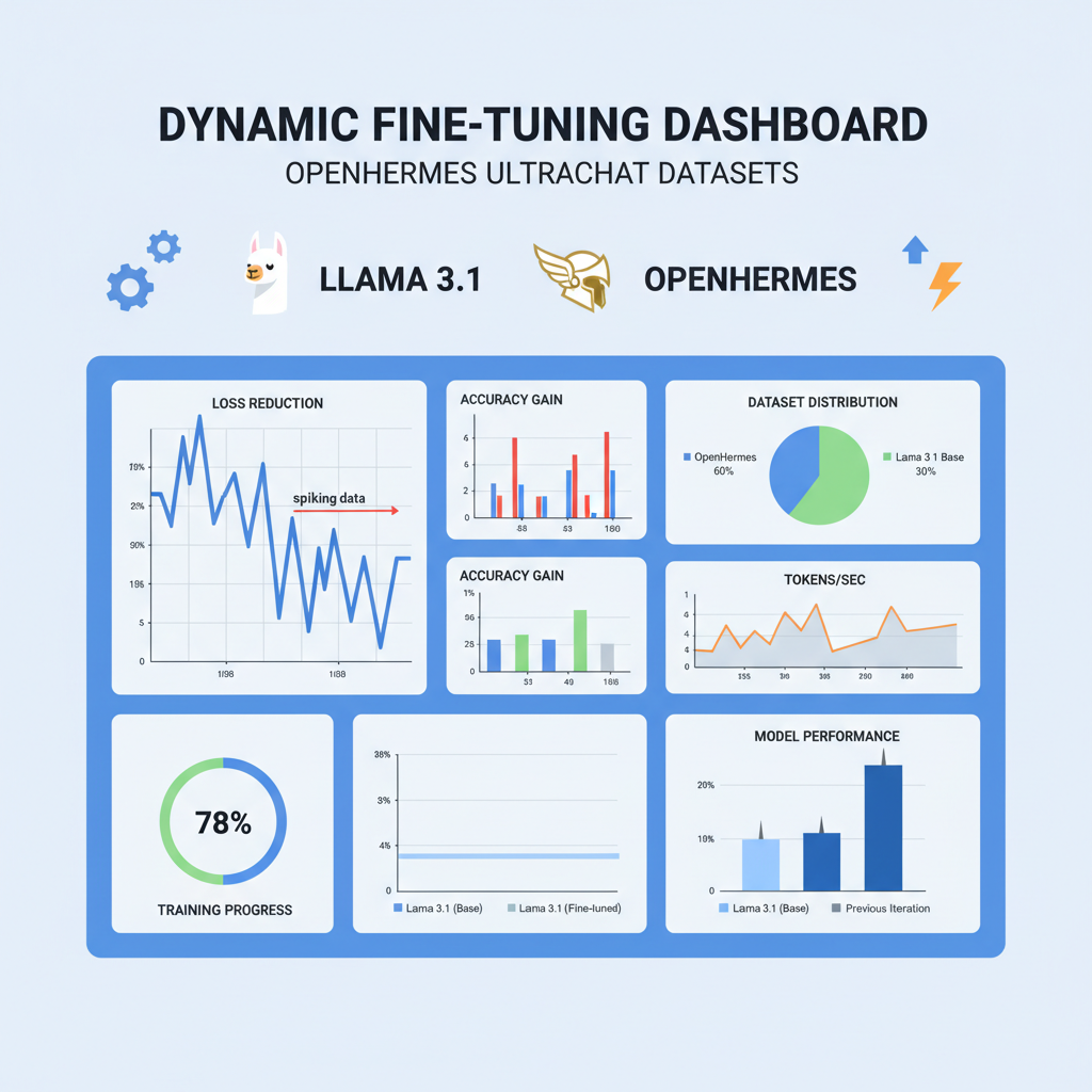 dynamic fine-tuning dashboard Llama 3.1 with OpenHermes ultrachat datasets graphs spiking