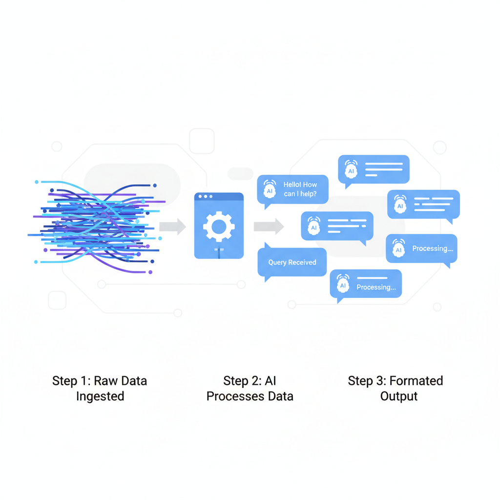 data streams transforming into formatted chat bubbles with AI icons