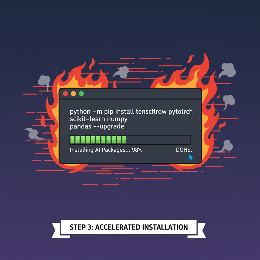 command line terminal installing AI packages with speed lines and fire effects