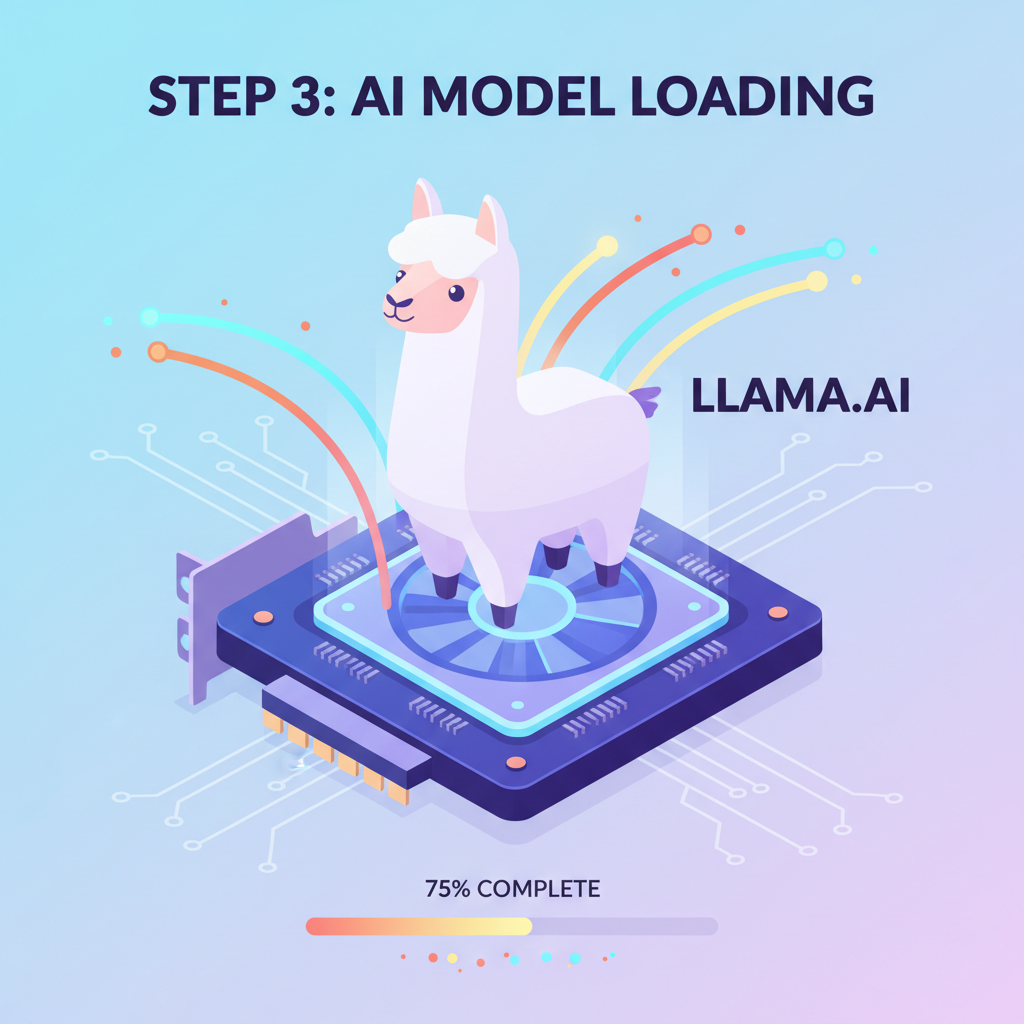 cute llama AI model loading on glowing GPU with energy beams