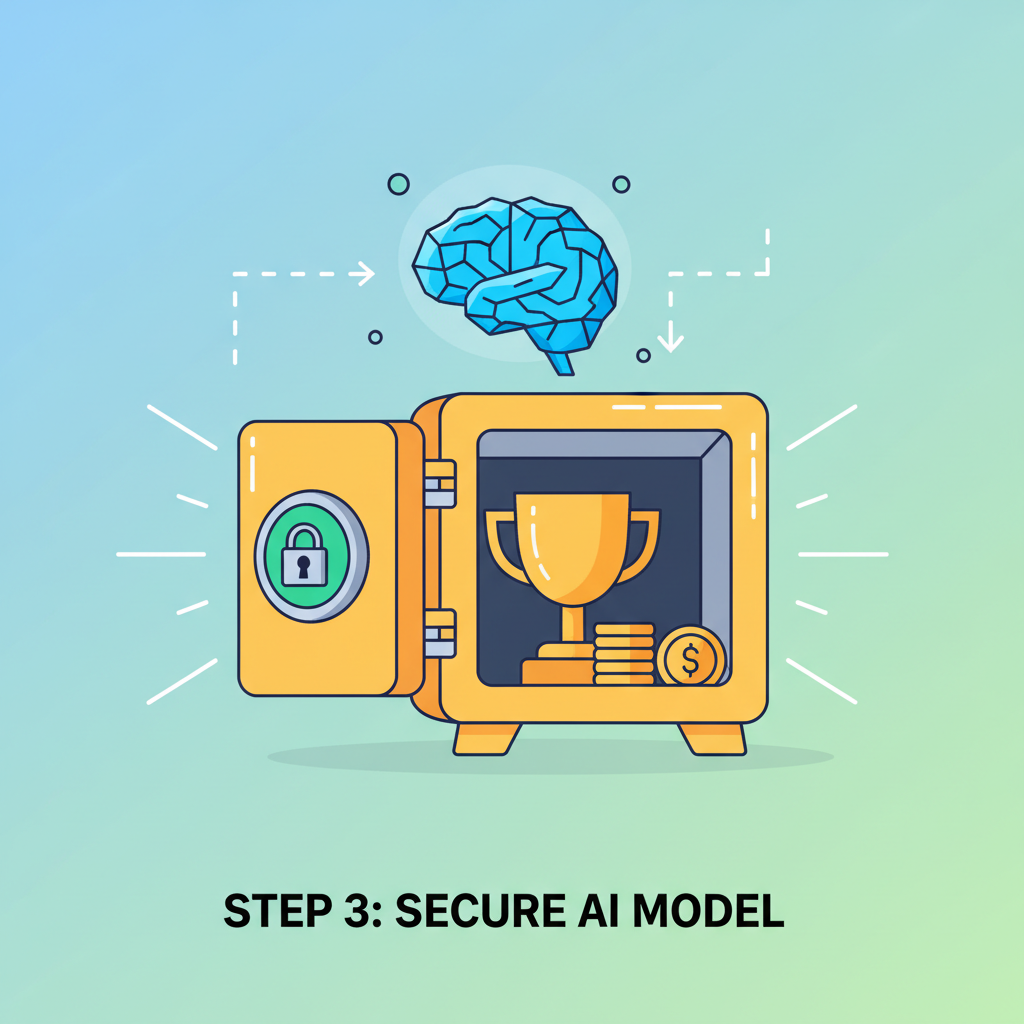 saving AI model to glowing safe with trophy and coins