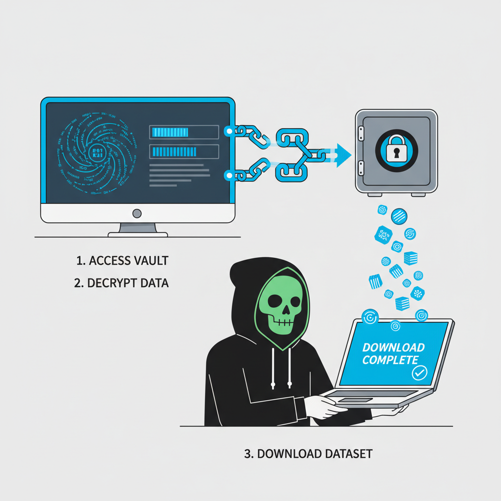 hacker downloading datasets from digital vault with blockchain chains