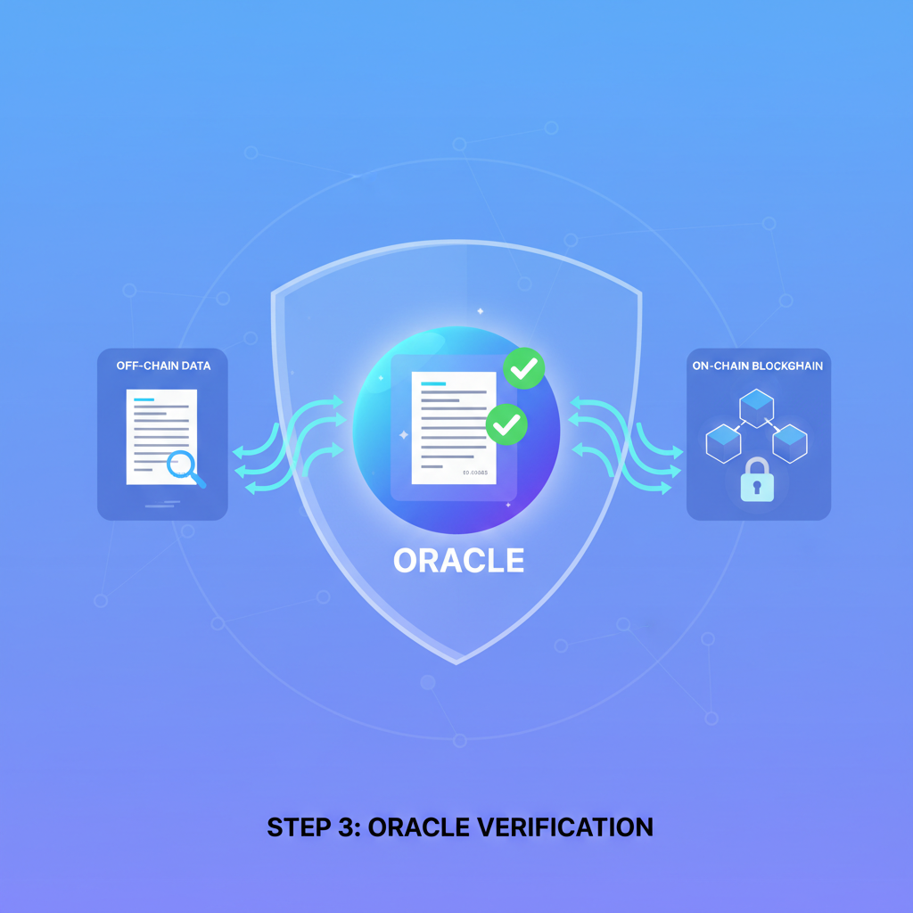 Blockchain oracle verifying invoice data with checkmarks, data flow from off-chain to on-chain, secure futuristic visualization