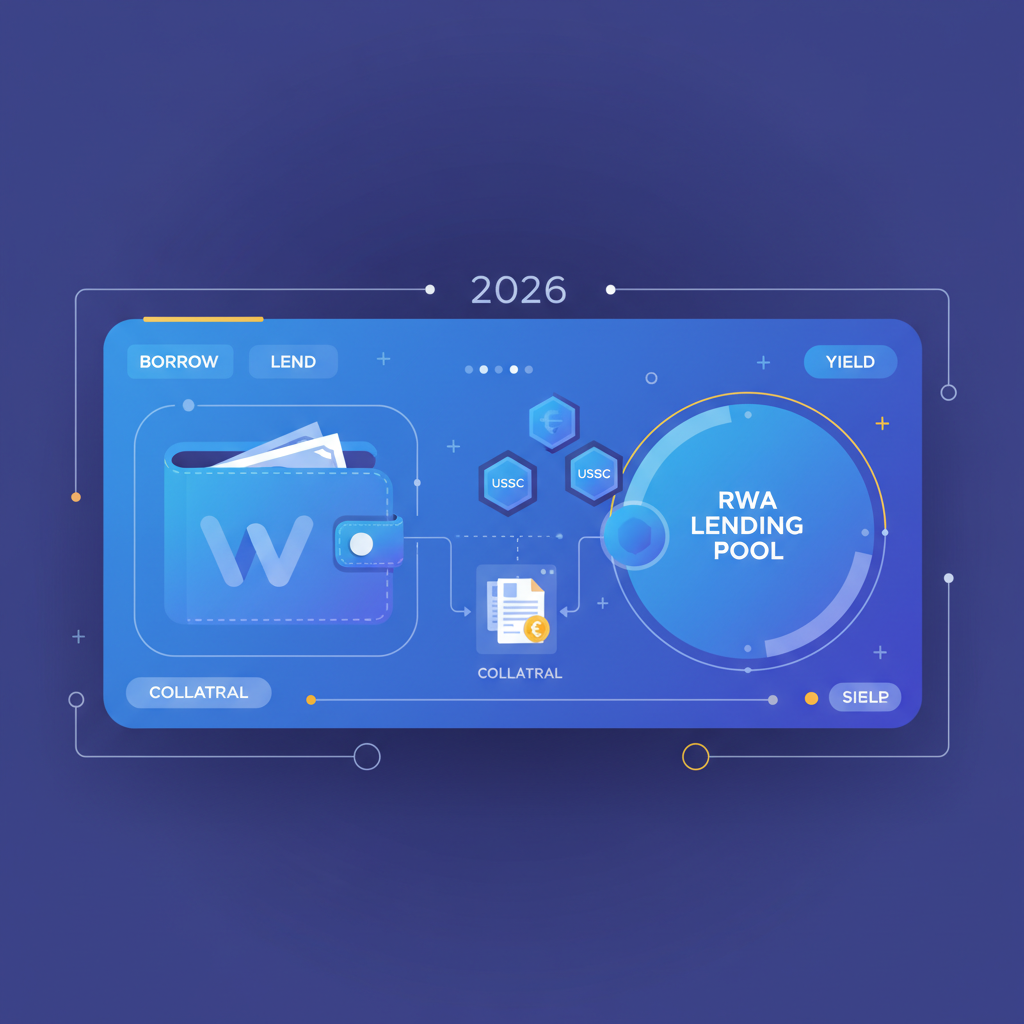 Wallet receiving USDC stablecoins from RWA lending pool, invoice tokens as collateral, 2026 DeFi dashboard glow