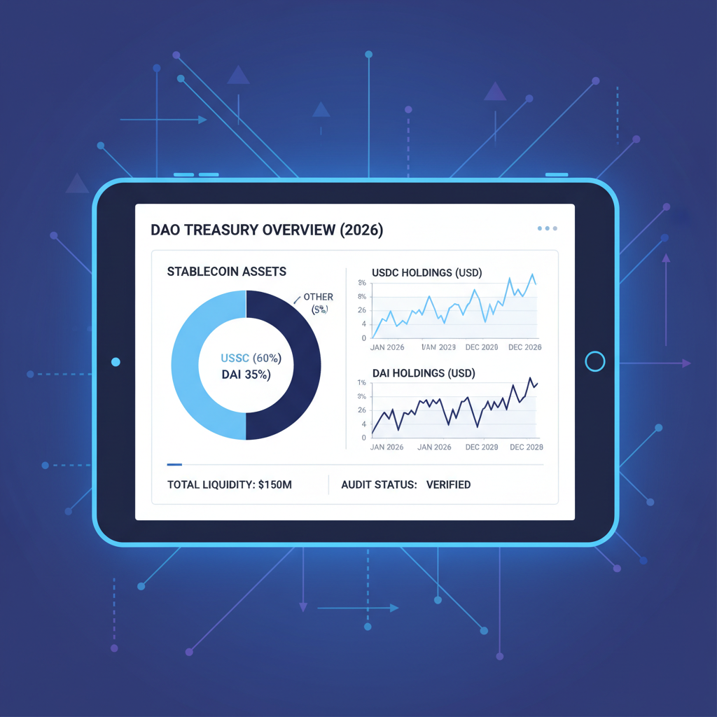 DAO treasury dashboard auditing stablecoin assets USDC DAI charts 2026 DeFi style clean modern
