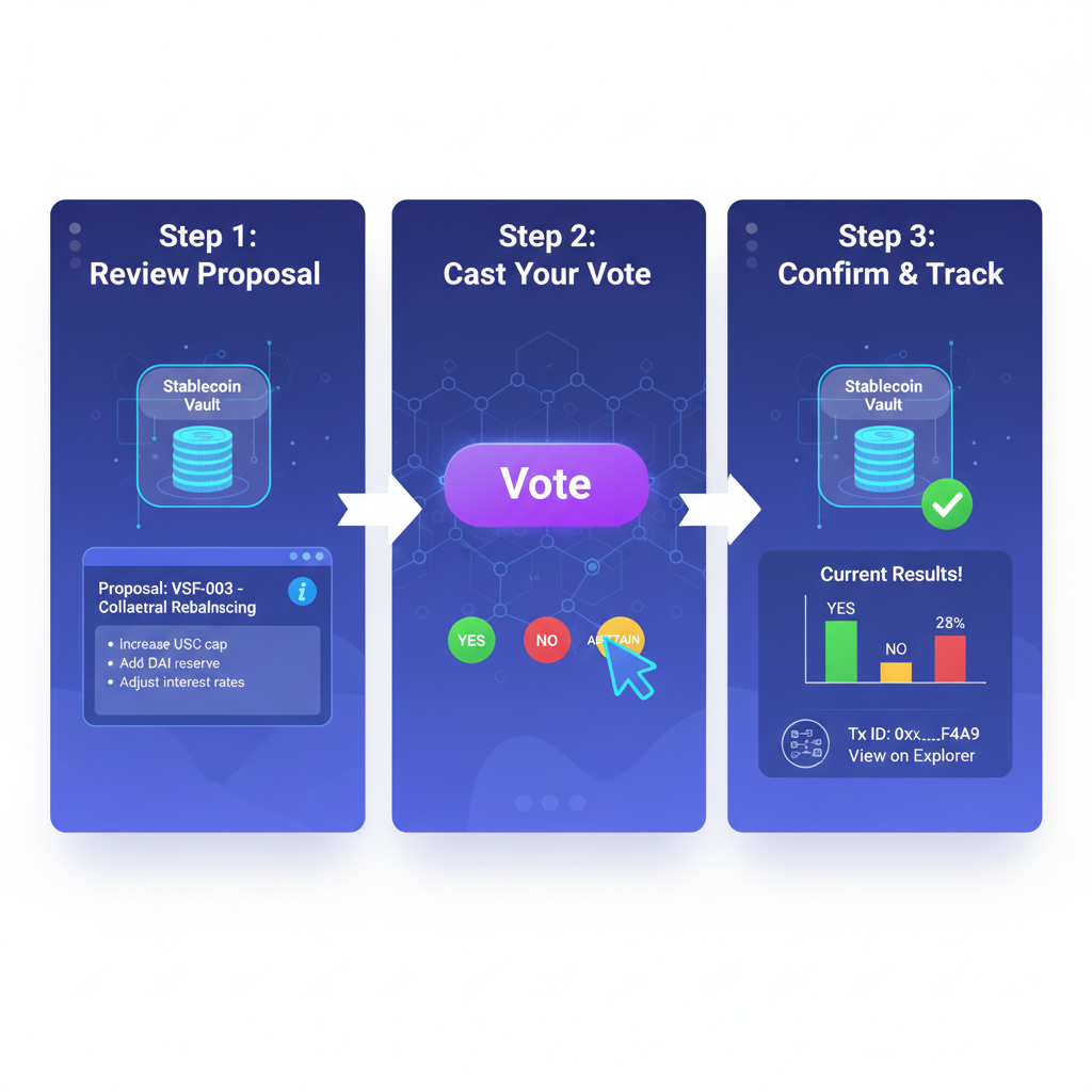 DAO governance voting interface proposal for stablecoin vault ballot box futuristic blockchain