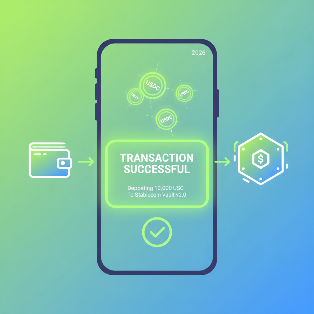 Wallet depositing USDC into DeFi stablecoin vault transaction screen glowing green success 2026