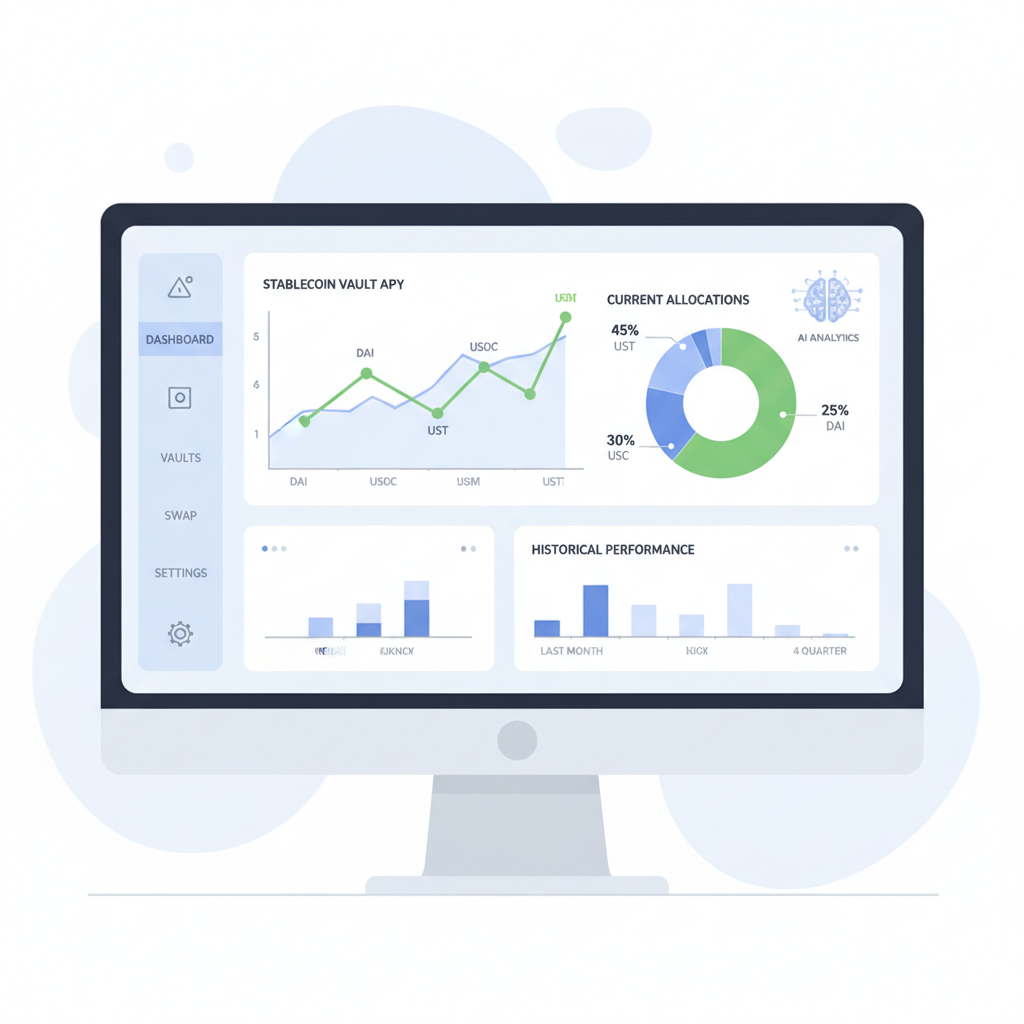 DeFi yield dashboard monitoring stablecoin vault APY charts graphs AI analytics modern UI